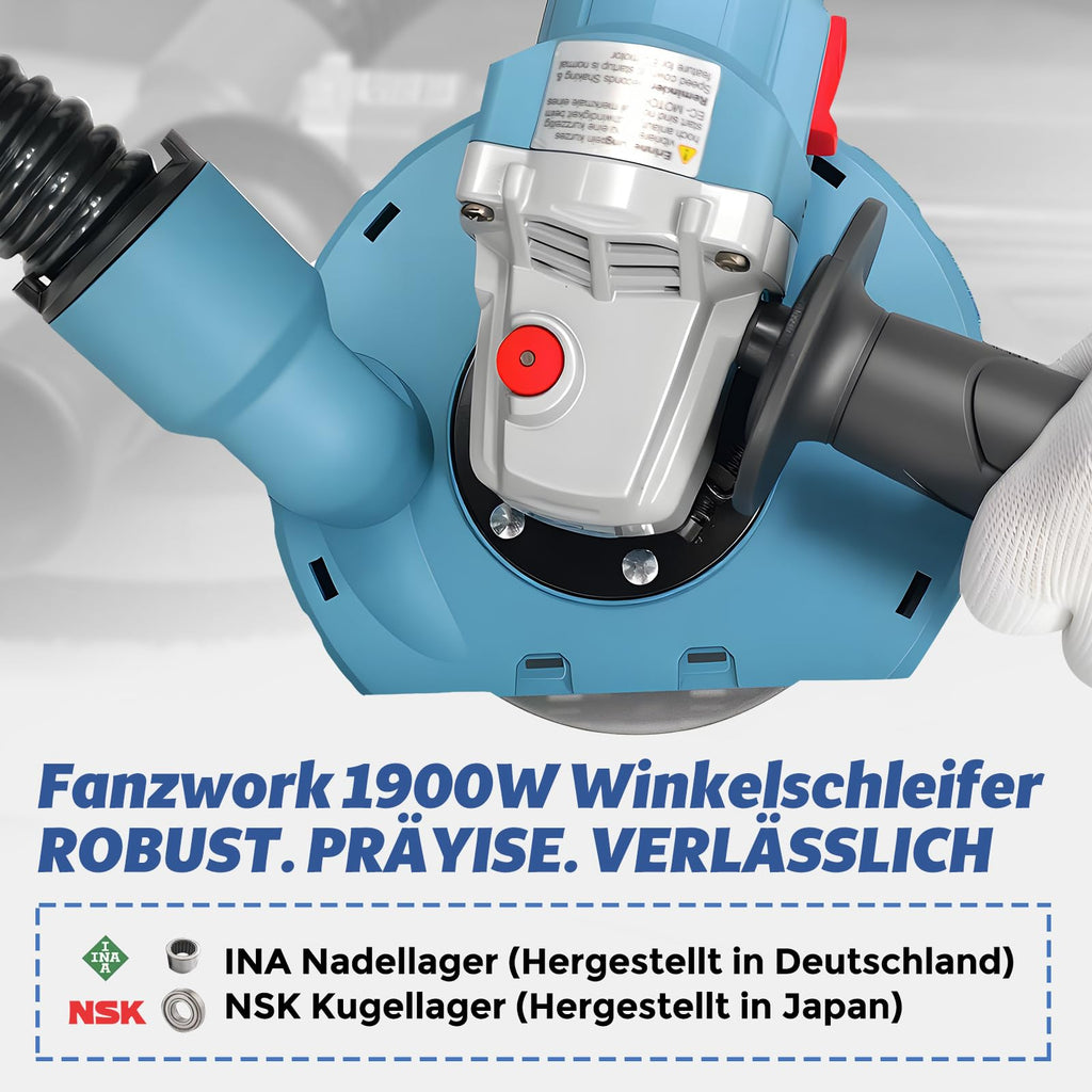 FANZWORK 1500W Betonschleifer Winkelschleifer Set mit Bürstenloser EC-Motor, Betonfräse mit 150mm Diamantschleiftopf *1, Absaughaube *1, Tragbox *1, Präzises & Wartungsfreies Schleifen
