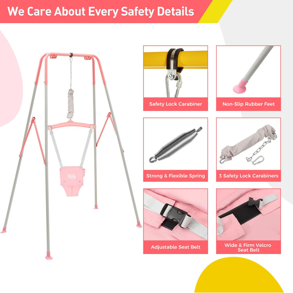 FUNLIO 2-in-1 Schaukeln Set und Baby Türhopser für Kleinkinder, Schaukelset für Kinder mit 4 Sandsäcken, Faltbarer Metallständer für drinnen und draußen, einfach zu montieren und aufzubewahren - Rosa