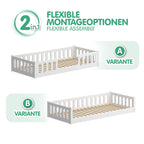CADANI Monte 2in1 Bodenbett 90x200 cm Montessori Kinderbett Rausfallschutz abnehmbar - weiß, 37 kg schwer, bis 200 kg belastbar, extra starker Roll-Lattenrost, umbaubar