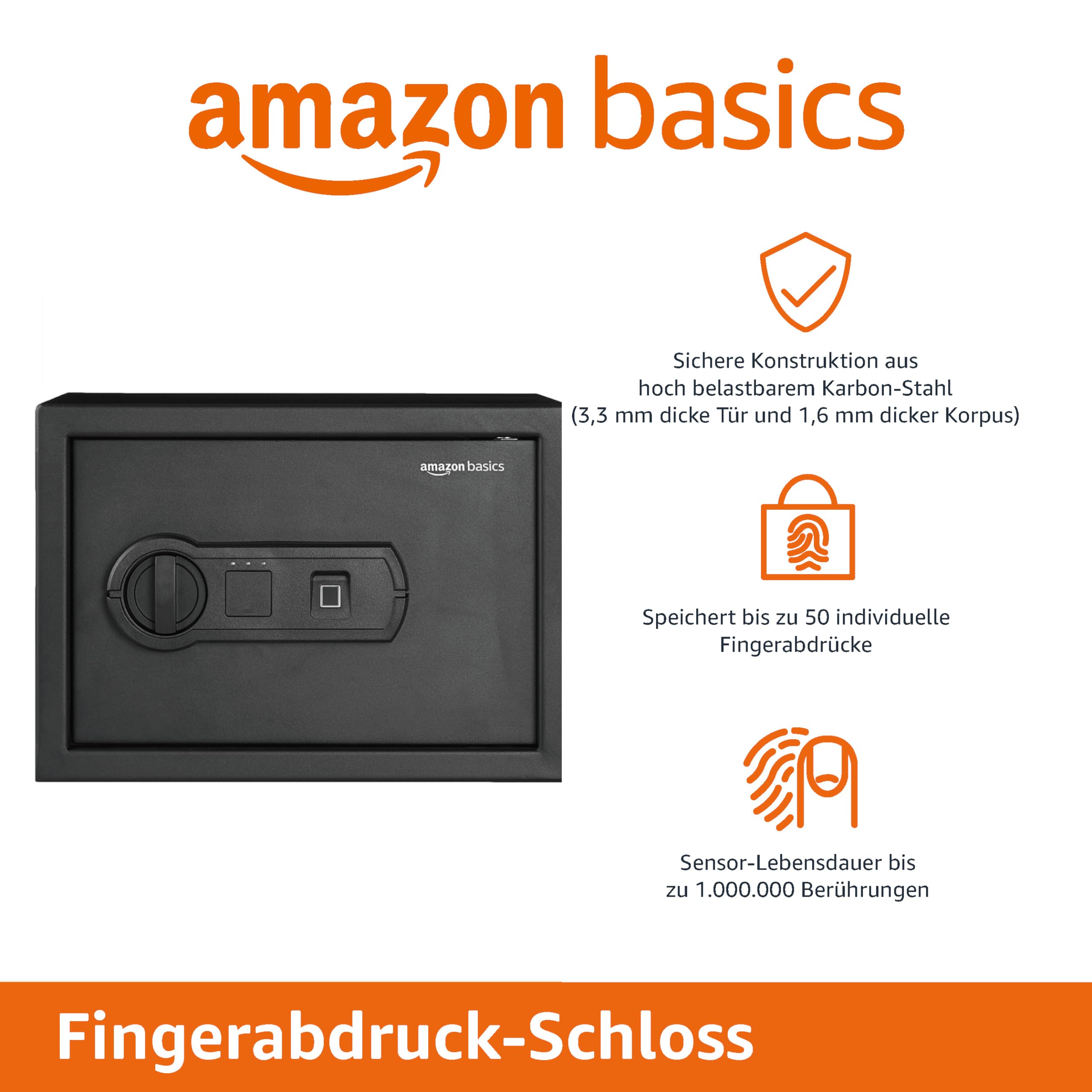 Amazon Basics Stahl-Safe, Sicherheit für Zuhause, mit biometrisch Fingerabdruckschloss, schützt Bargeld, Schmuck, Ausweisdokumente, 14 L Volumen, schwarz, 35 cm B x 24.9 cm T x 24.9 cm H