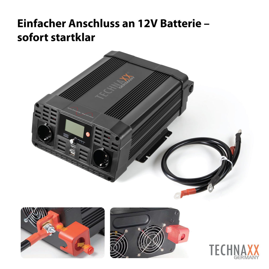 Technaxx KFZ Wechselrichter 12V auf 230V Reiner Sinus 3000W/6000W –TÜV-zertifizierter Auto Spannungswandler mit LC-Display, 2X Schuko&USB-A QC 3.0 + USB-C – Inverter für Wohnmobil, Camping, Boot–TE23