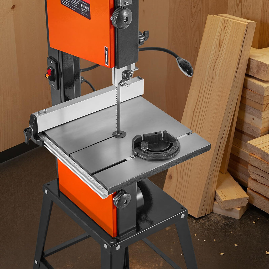 VEVOR Bandsäge mit Untergestell, 254 mm, Zweigang-Holzbandsäge, 373 W (1/2 PS), max. Schnitthöhe 160 mm, 335x340 mm Gusseisentisch, mit 360°-Arbeitsleuchte, Gehrungsanschlag, Parallelanschlag