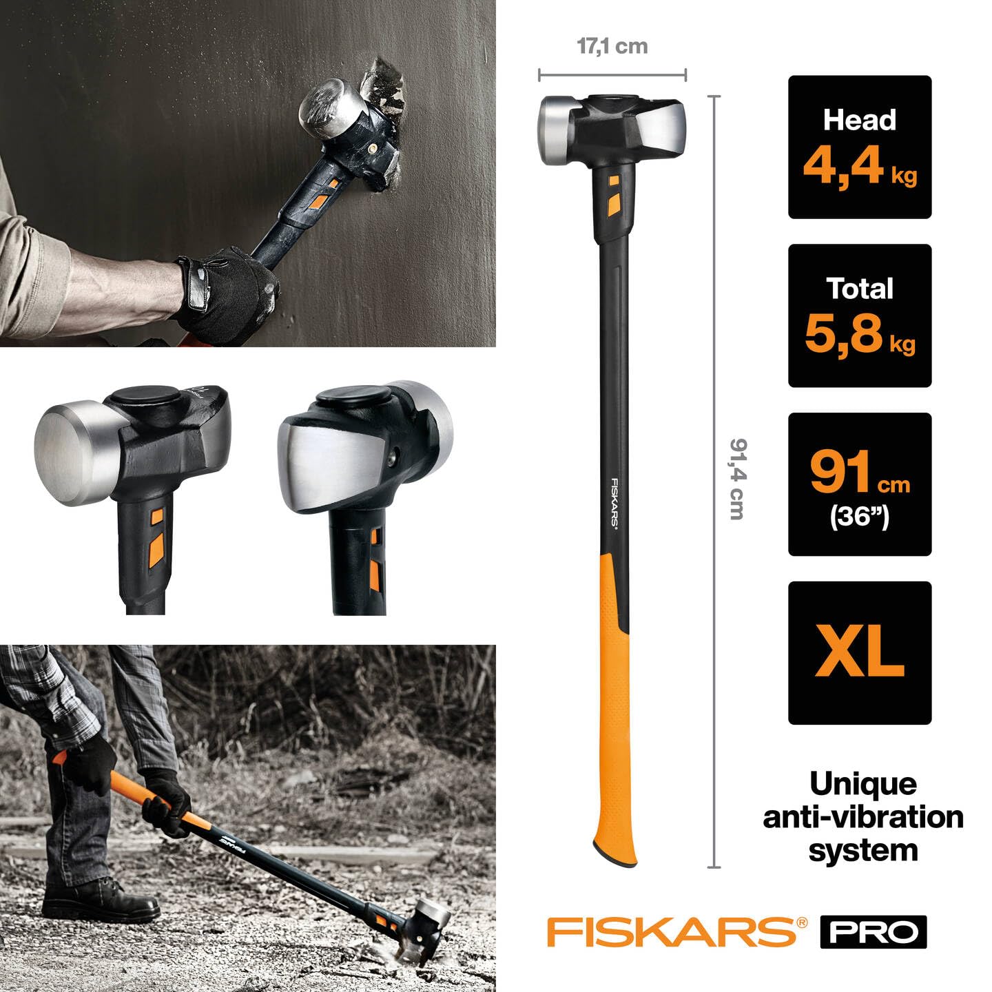 Fiskars Vorschlaghammer IsoCore XL zum Eintreiben von Holzpfählen oder Abbrucharbeiten, Länge: 92 cm, Gewicht: 5,67 kg, Schwarz/Orange, 1020164