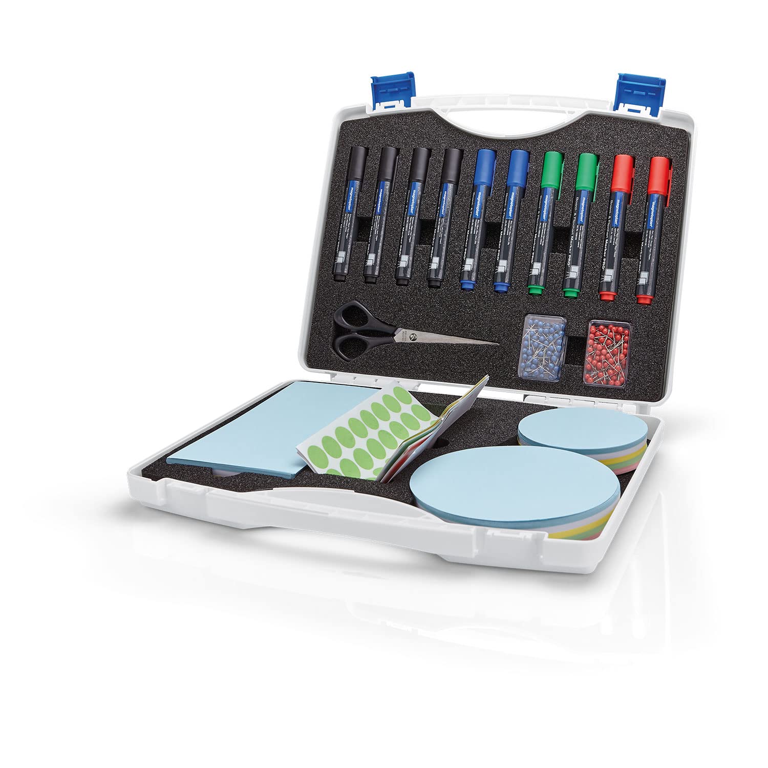 magnetoplan ultraleichter, tragbarer Kunststoffkoffer mit Clip-Verschluss und Griff - Aufbewahrungsbox mit Board- und Flipchartmarkern, Schere, Moderationskarten, Zeichenstiften und Punktaufklebern