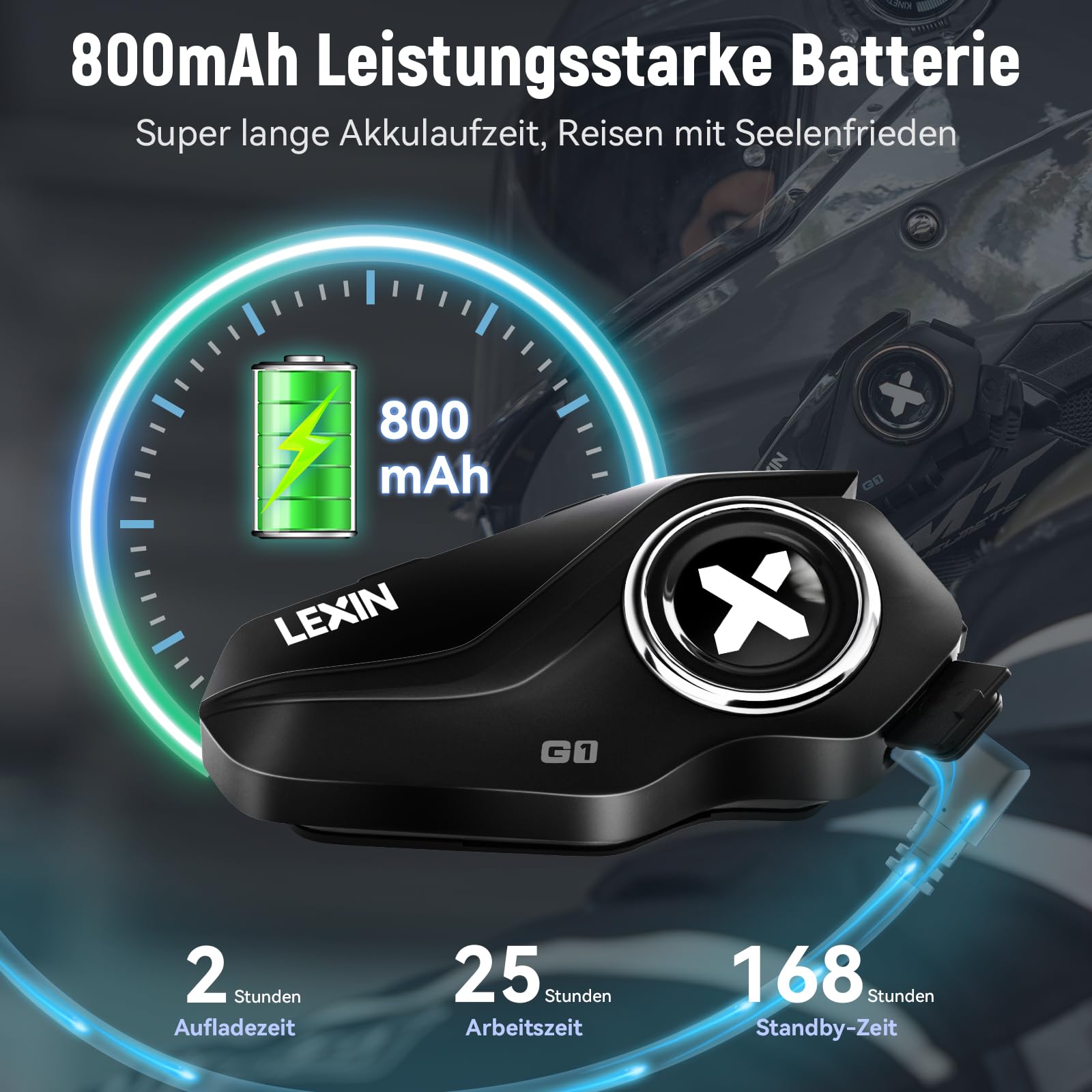 LEXIN G1 Motorrad Bluetooth 5.0 Kopfhörer, Helm Headset für Musik und Navi-Ansage Hören, Freihändiger Anruf, Sprachbefehl-Assistenten, HD Lautsprecher, DSP und CVC Geräuschunterdrückung, Einzelpack