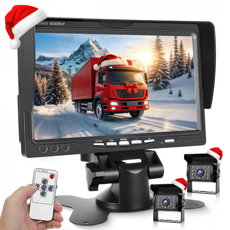 Hikity Rückfahrkamera 2 Kameras Set, 7 Zoll LCD Monitor, Wasserdichtes Rückfahrkamera Nachrüsten Set mit 15M/10M Kabel für Auto LKW Wohnmobil Lieferwagen Anhänger 12V-24V