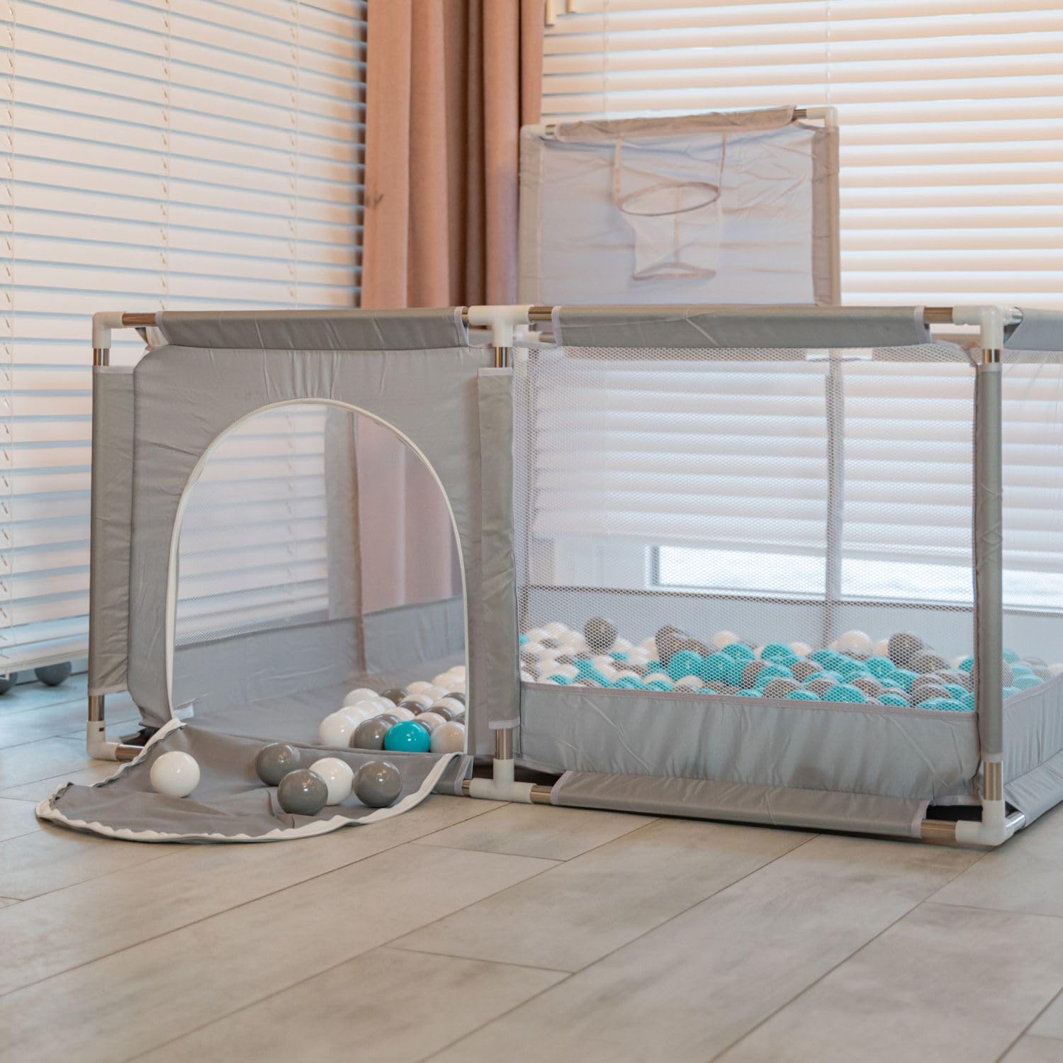 Selonis Laufstall Mit Korb Und 900 Bälle Laufgitter Für Kinder, Grau:Weiß/Grau/Puderrosa