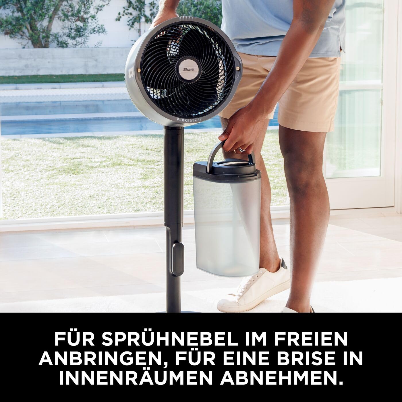Shark FlexBreeze Pro Mist Akku-Ventilator für innen und außen mit Sprühsystem, tragbarer Sprühtank, 20 m, Stand- & Tischventilator, 5 Geschwindigkeitsstufen, leise, Fernbedienung, Anthrazit FA300EU