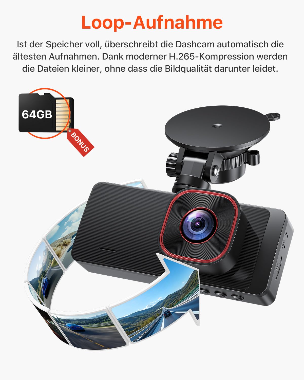 Bestsee 2.5K Dashcam Auto Vorne Hinten und Innen, 2,35" IPS-Bildschirm Dashcam Auto, mit 64GB SD-Karte, 24H Parküberwachung, WDR Nachtsicht, G-Sensor, Loop-Aufnahme, Sichtwinkel（170°+150°+150°）