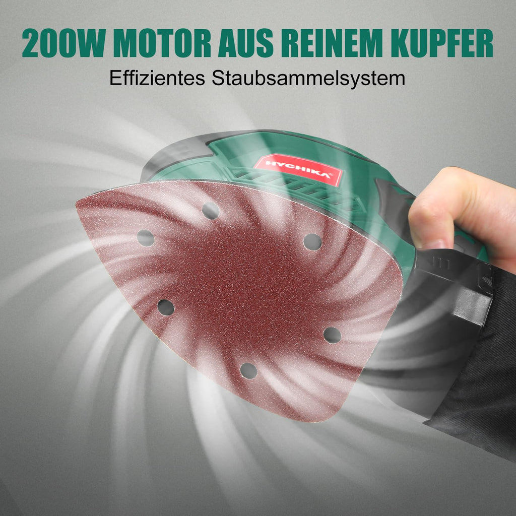 HYCHIKA Multischleifer, Deltaschleifer 200W, mit 12 Schleifblätter (Körnung 80/120/240), 14000 U/min, Klettfix-System, Staubsaugbeutel, Schleifmaschine für Ecke & Kante, Metal & Holz