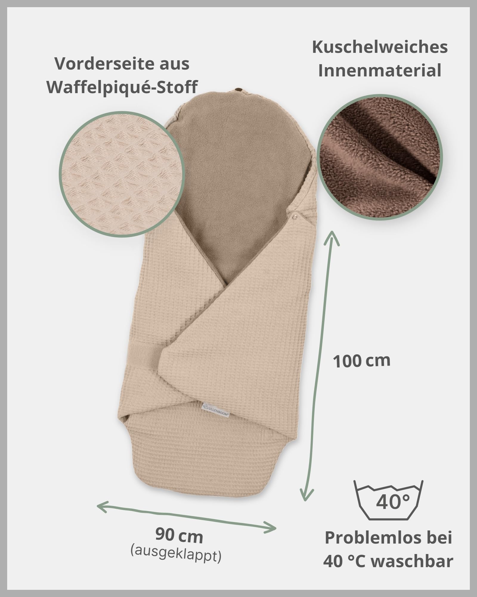 ULLENBOOM Einschlagdecke Babyschale, 100% OEKO-TEX Materialien, Sand (Made in EU) - Babydecke für Kindersitz oder Kinderwagen, kuschelige Decke für Babys, Ideal für Herbst und Winter