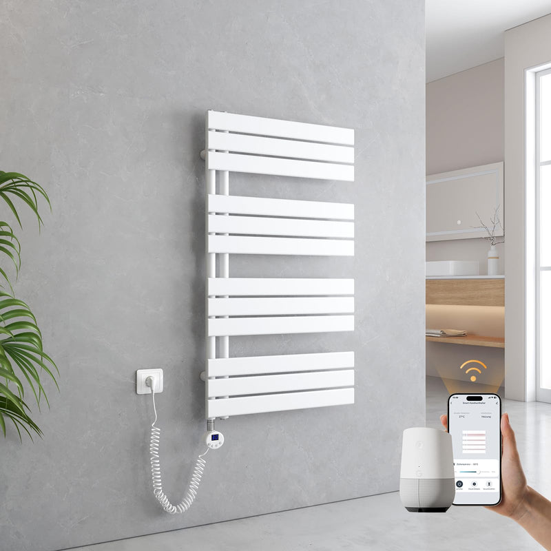 EMKE WiFi Handtuchheizkörper Elektrisch 1041x600 mm - Flach Badheizkörper Elektrisch, Elektrischer Handtuchwärmer Handtuchtrockner Handtuch Heizkörper Bad mit Thermostat und Heizstab - 600W, Weiß