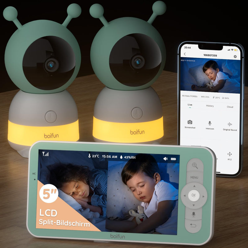BOIFUN Babyphone mit 2 Kamera App, 2K QHD Bild, 355° Schwenken-60° Neige, 4×Zoom, Automatische Verfolgung, Weinen/Bewegungs/Geräuscherkennung, Temperatur und Feuchtigkeitsmessung