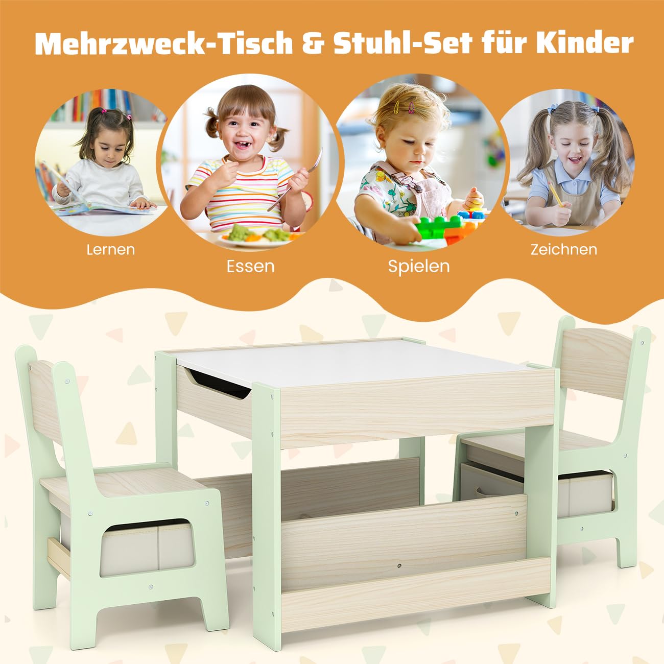 COSTWAY Kindertisch mit 2 Stühlen, 3 teilige Kindersitzgruppe aus Holz mit wendbarer Tischplatte, Bücherregalen & Aufbewahrungsboxen, 4 in 1 Kinder Maltisch mit Stauraum für ab 3 Jahren (Grün)