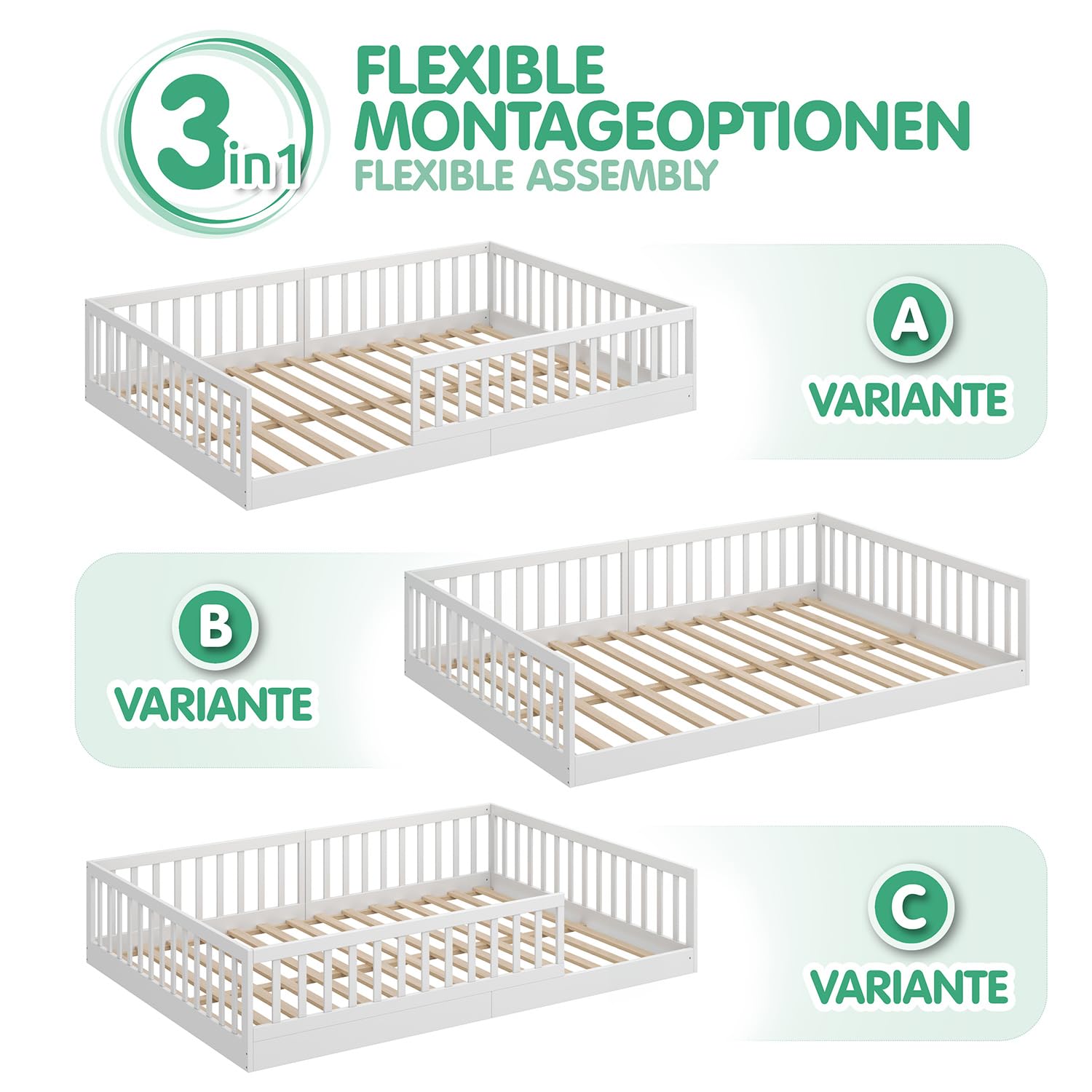 CADANI Timi Kinderbett 140x200 cm Bodenbett, Rausfallschutz abnehmbar, bis 200 kg belastbar, Roll-Lattenrost, Montessori Kiefer Massivholz Bett, 3 Aufbauvarianten, Umbaubar, Weiß