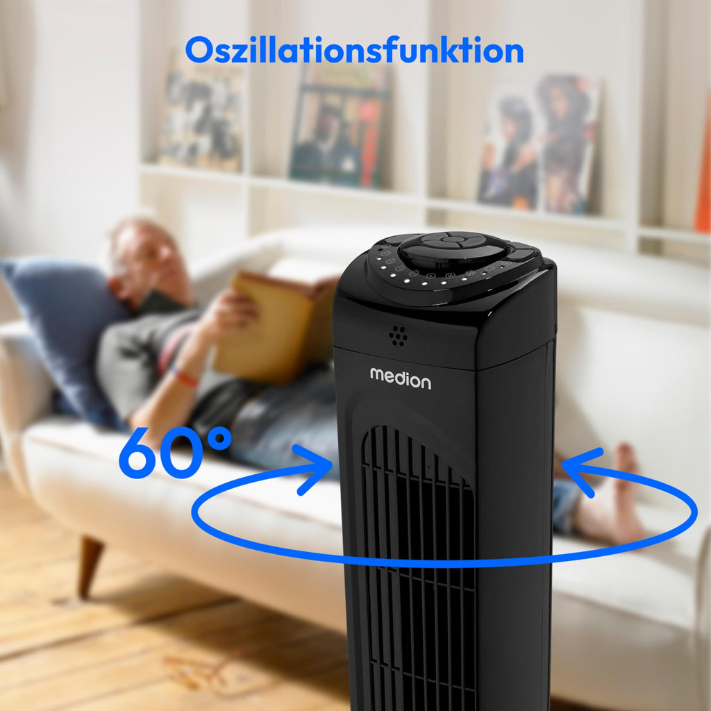 MEDION E11 TF Turmventilator mit Fernbedienung (3 Geschwindigkeitsstufen, leiser Schlafmodus, 45 Watt Leistung, 60° horizontale Oszillation, Timer, MD12067) schwarz