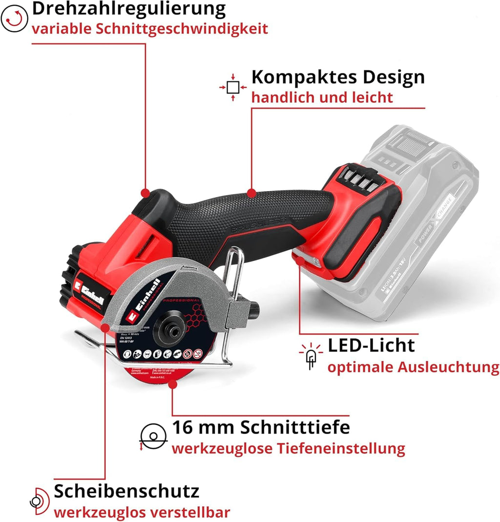 Einhell Professional Akku-Trennschleifer TP-CO 18/76-C Li BL-Solo (18 V, Brushless, 76 mm Scheiben-Ø, 16 mm Schnitttiefe, Tiefeneinstellung, Inkl. 4x Trennscheibe, ohne Akku)