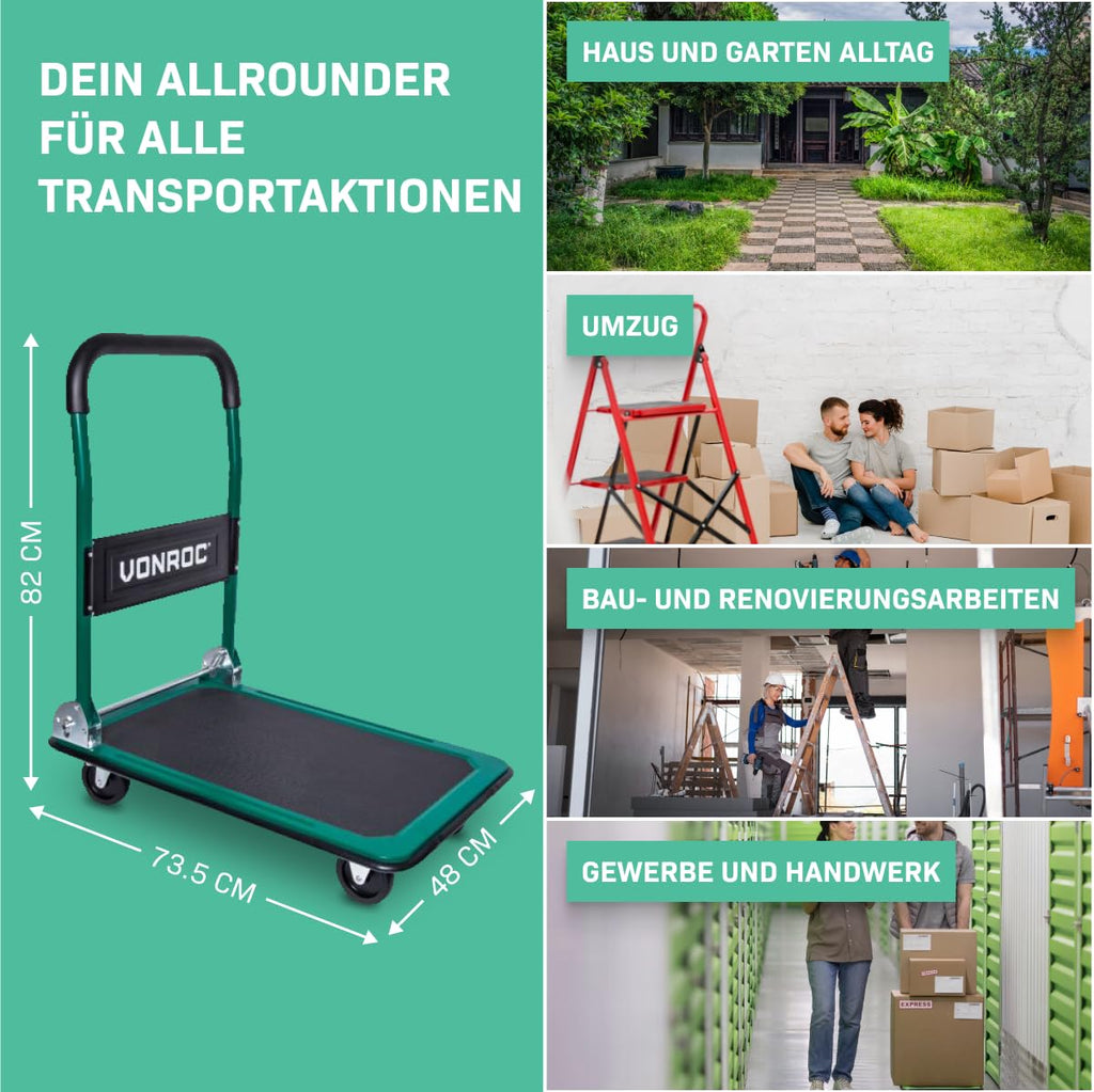VONROC Transportwagen klappbar 150kg - Plattformwagen als Transporthilfe - Rollwagen mit Griff