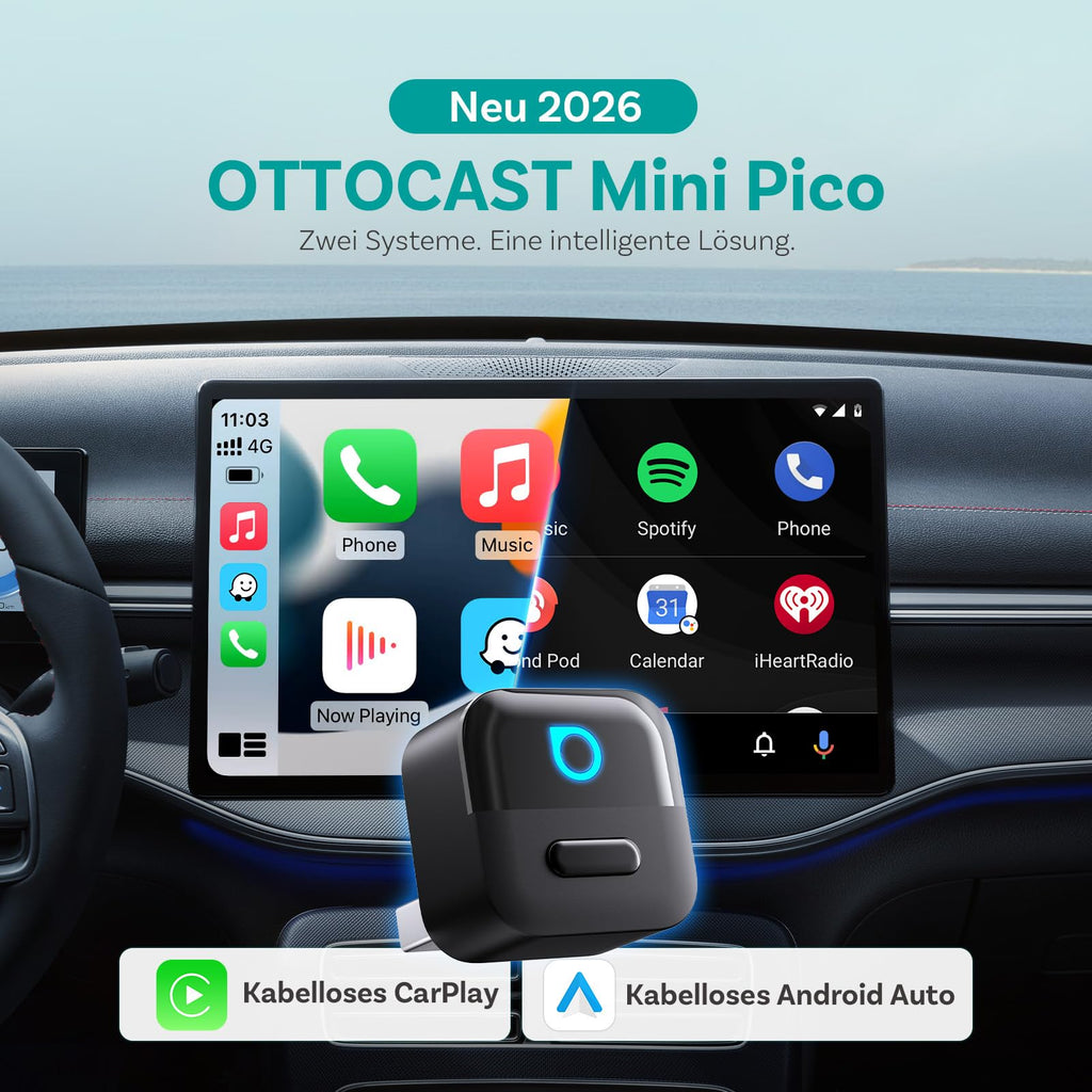 OTTOCAST (2026 Neu) 2-in-1 Wireless CarPlay & Android Auto Adapter, Mini Pico mit EIN-Knopf-Trennung, WiFi 6, Bluetooth 5.4, Plug & Play für Fahrzeuge mit werkseitigem CarPlay/Android Auto