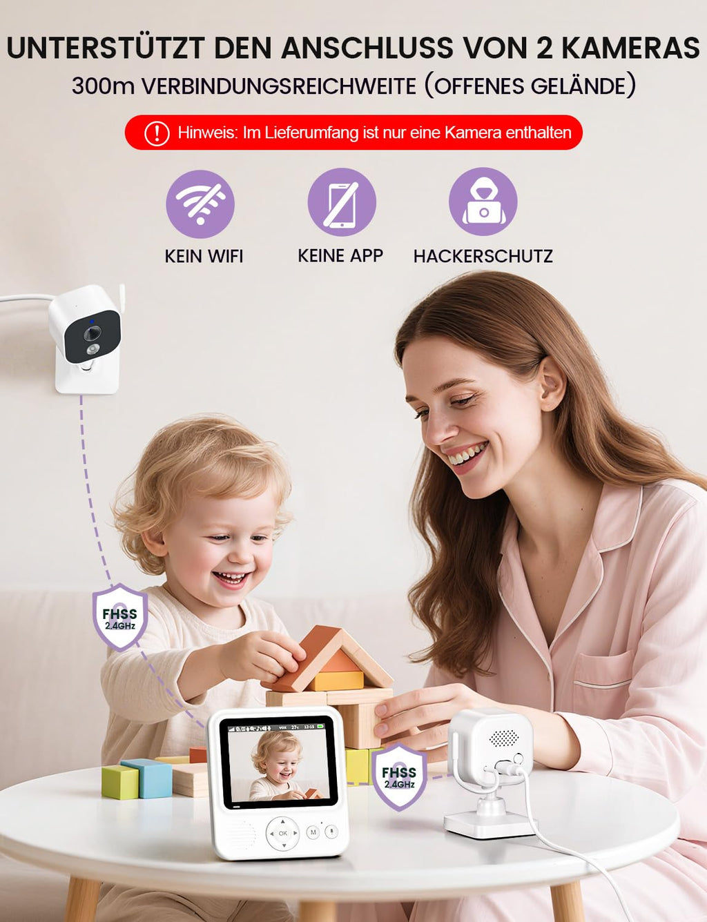 OBVHNUA Babyphone mit Kamera 720P IPS Video Babyphone ohne WLAN mit 2000mAh Akku Digitale Zoomfunktion Nachtsicht Temperatur-Alarm Zwei-Wege-Audio Schlaflieder VOX-Modus