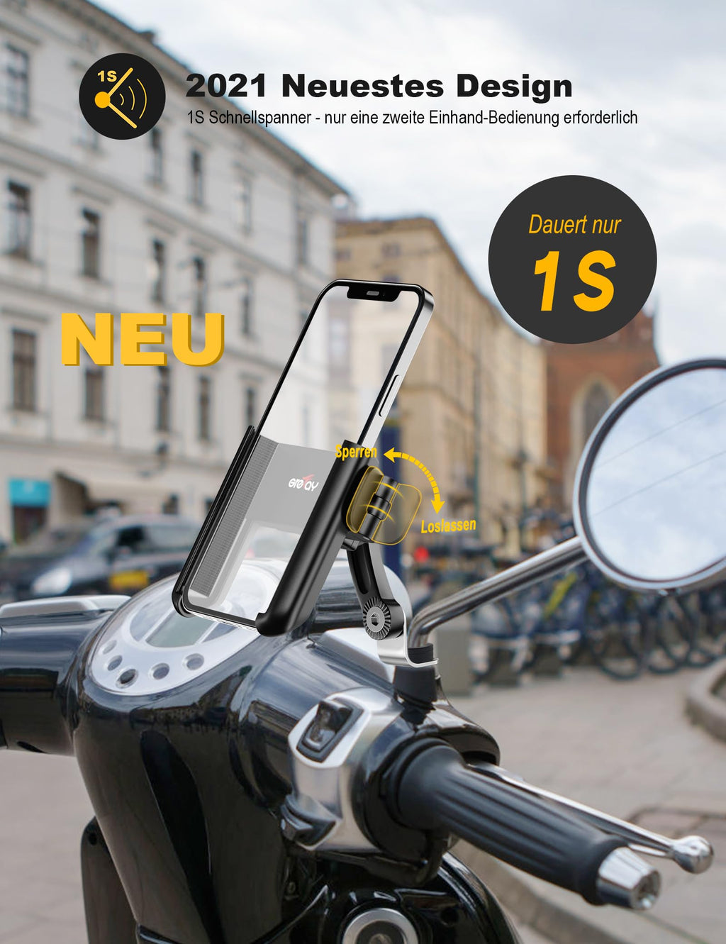Grefay Handyhalter für Fahrrad und Motorrad, 1-Sekunden-Schnellverschluss. Anti-Shake Halterung für 4,0–7,0 Zoll große Smartphones, für Motorrad Spiegel, um 360° drehbar