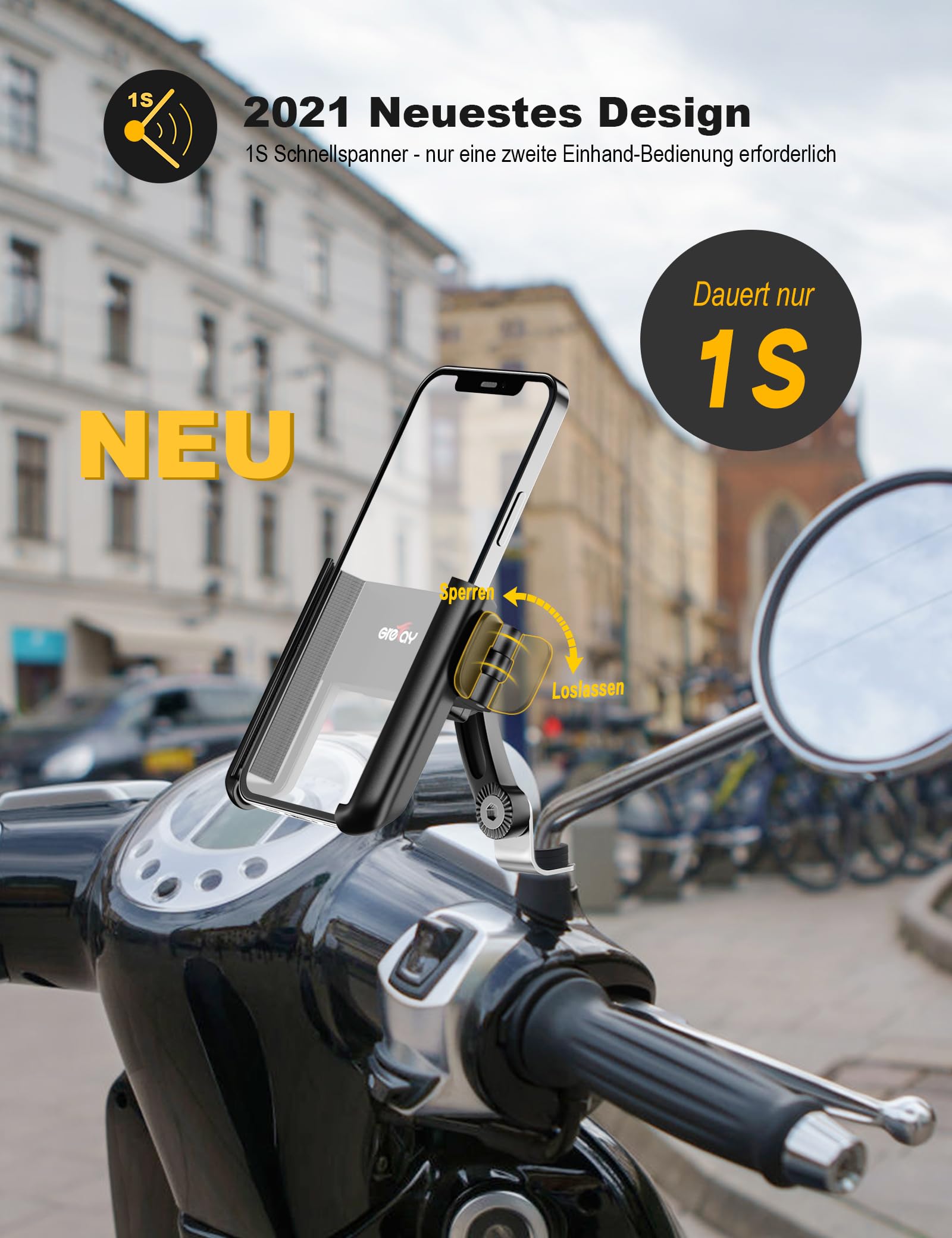 Grefay Handyhalter für Fahrrad und Motorrad, 1-Sekunden-Schnellverschluss. Anti-Shake Halterung für 4,0–7,0 Zoll große Smartphones, für Motorrad Spiegel, um 360° drehbar