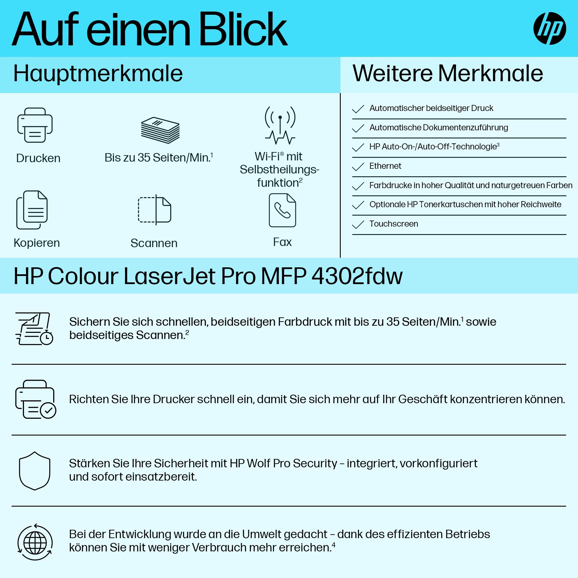 HP Color LaserJet Pro MFP 4302fdw Multifunktions-Farblaserdrucker, Automatischer beidseitiger Druck, Wi-Fi, Fax, Hohe Druckgeschwindigkeit, Bis zu 50.000 S./Monat, Wolf Pro Security