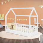 ML-Design Kinderbett 70x140 cm mit Rausfallschutz, Dach und Lattenrost, Weiß, Massivholz Kinder Bett, Hausbett für Mädchen/Jungen, Bettenhaus aus massivem Kiefernholz, Bodenbett Jugendbett Kinderhaus