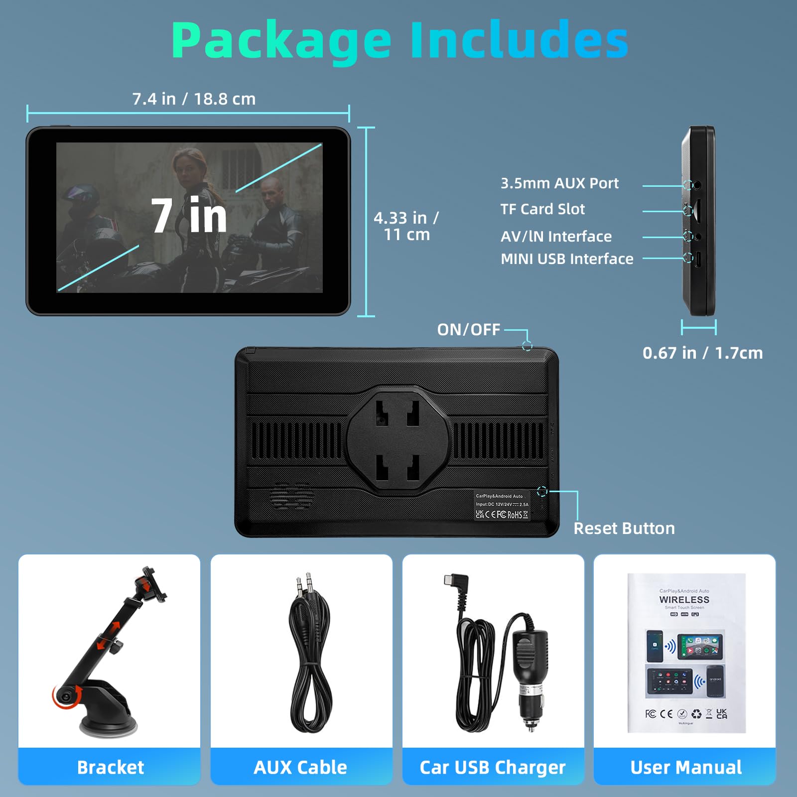 Android Auto Display & Carplay Display, 7-Zoll HD Auto Stereo Carplay Display mit Bluetooth, Sprachsteuerung, AUX, FM, Airplay,Videowiedergabe,GPS-Navigation,Wireless Carplay Display für All Vehicles