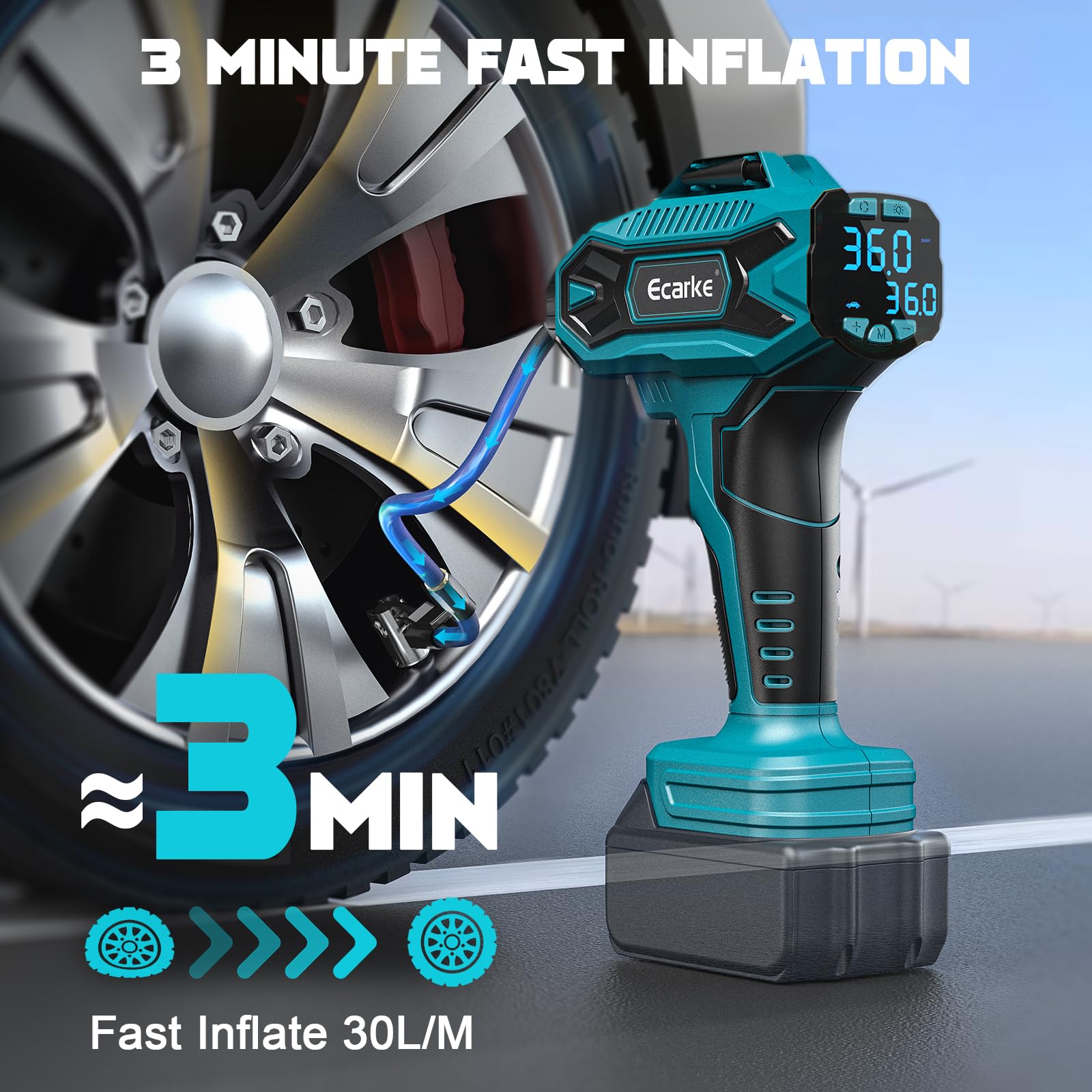 Ecarke Akku-Autokompressor für Makita 18V Li-Ion, Max. 11 bar, Tragbare Akku Luftpumpe mit Digitalem Manometer, Luftkompressor akku für Auto, Motorrad, Fahrrad, Sportbälle