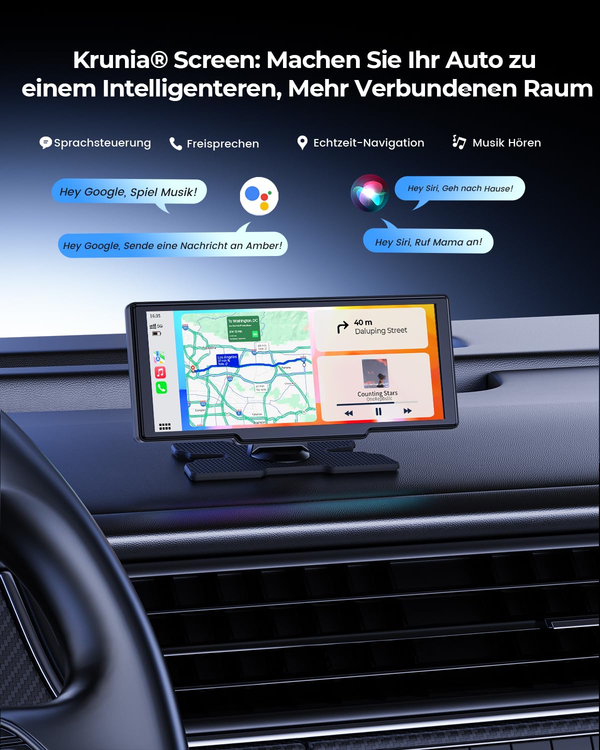 Krunia 8.1" Kabelloser Tragbarer 60FPS CarPlay-Bildschirm für Apple CarPlay & Android Auto, OTA-Updates, Rückfahrkamera, Mirror Link, Bluetooth, Sprachsteuerung, GPS-Navigation