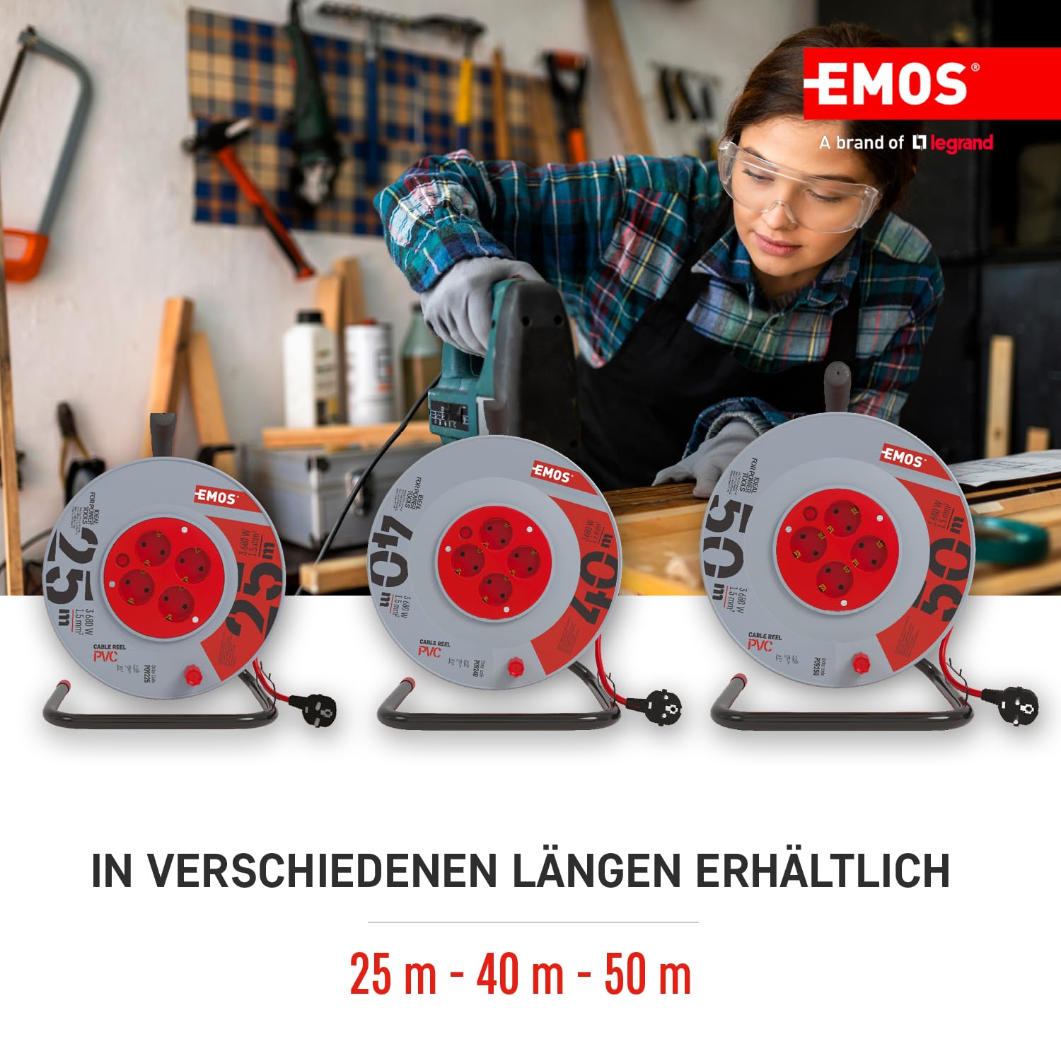 EMOS - Kabeltrommel 25m - 4 Schuko-Steckdosen - 230 V, 16 A, 3680 W - hochwertige PVC-Isolierung - H05VV-F3G 1,5 mm2 - Überhitzungsschutz - IP20 für Innen