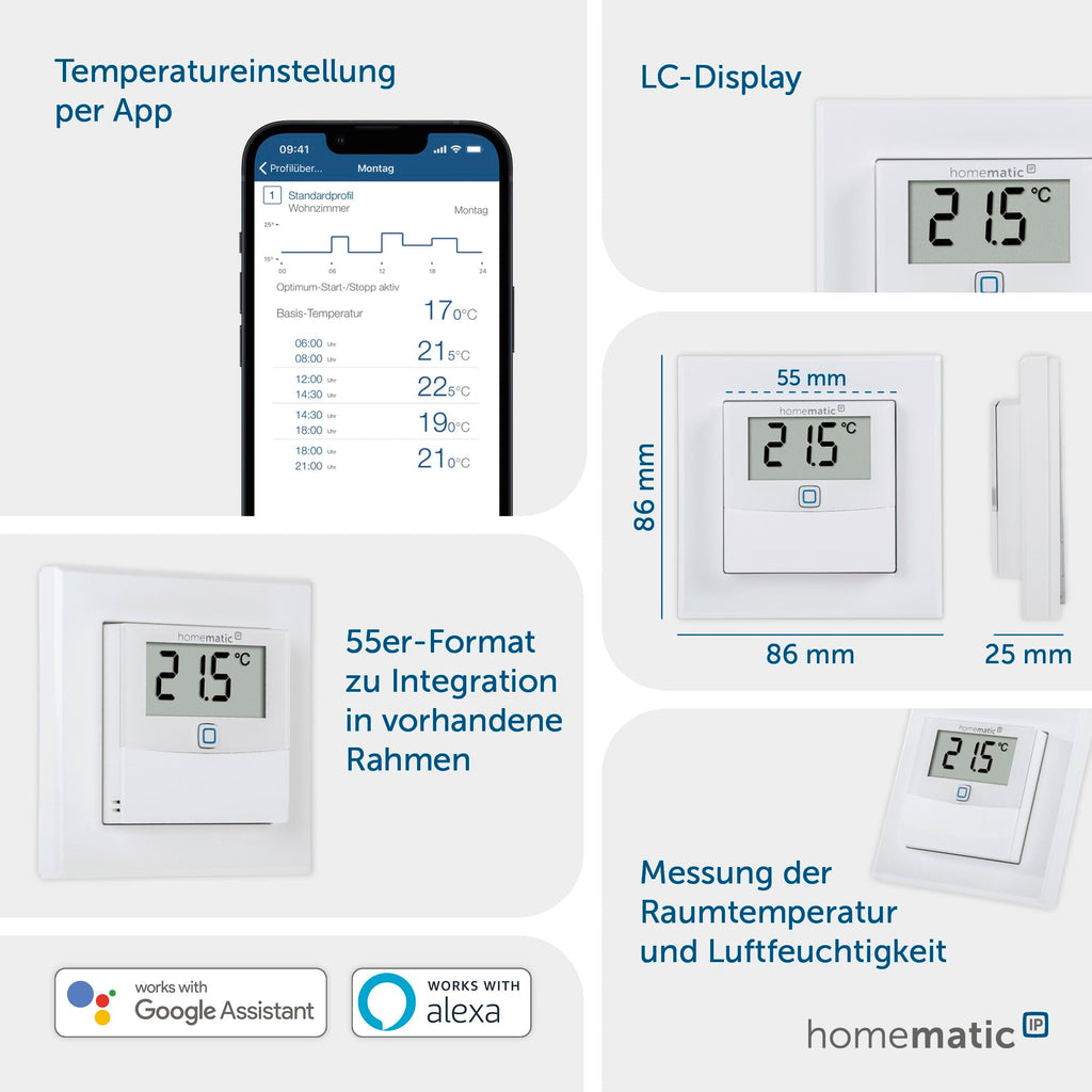 Homematic IP Smart Home Temperatur- und Luftfeuchtigkeitssensor mit Display – innen, steuert Heizkörper/Fußbodenheizung per App, Alexa, Google Assistant, Temperaturmessung, Energie sparen, 150180A0