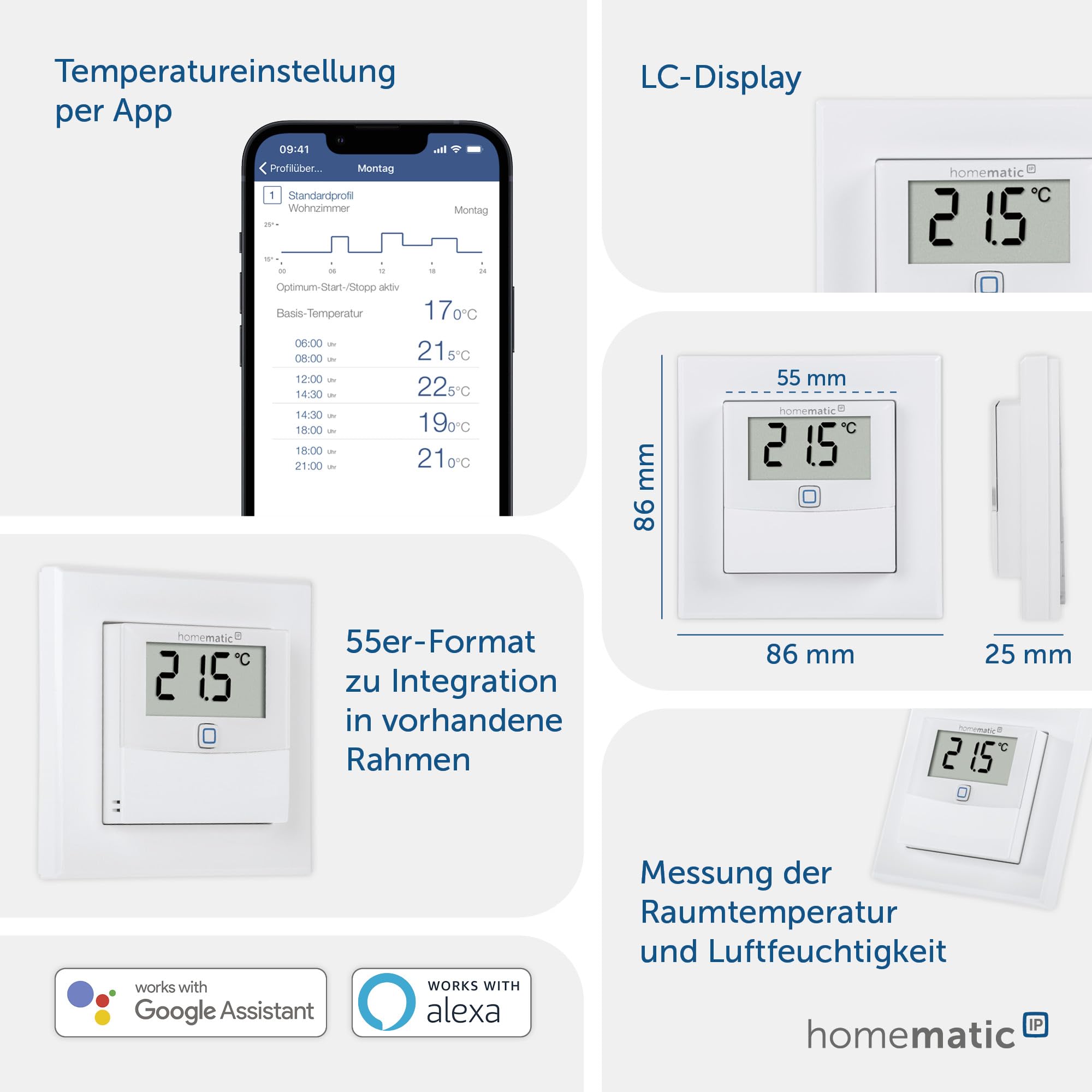 Homematic IP Smart Home Temperatur- und Luftfeuchtigkeitssensor mit Display – innen, steuert Heizkörper/Fußbodenheizung per App, Alexa, Google Assistant, Temperaturmessung, Energie sparen, 150180A0