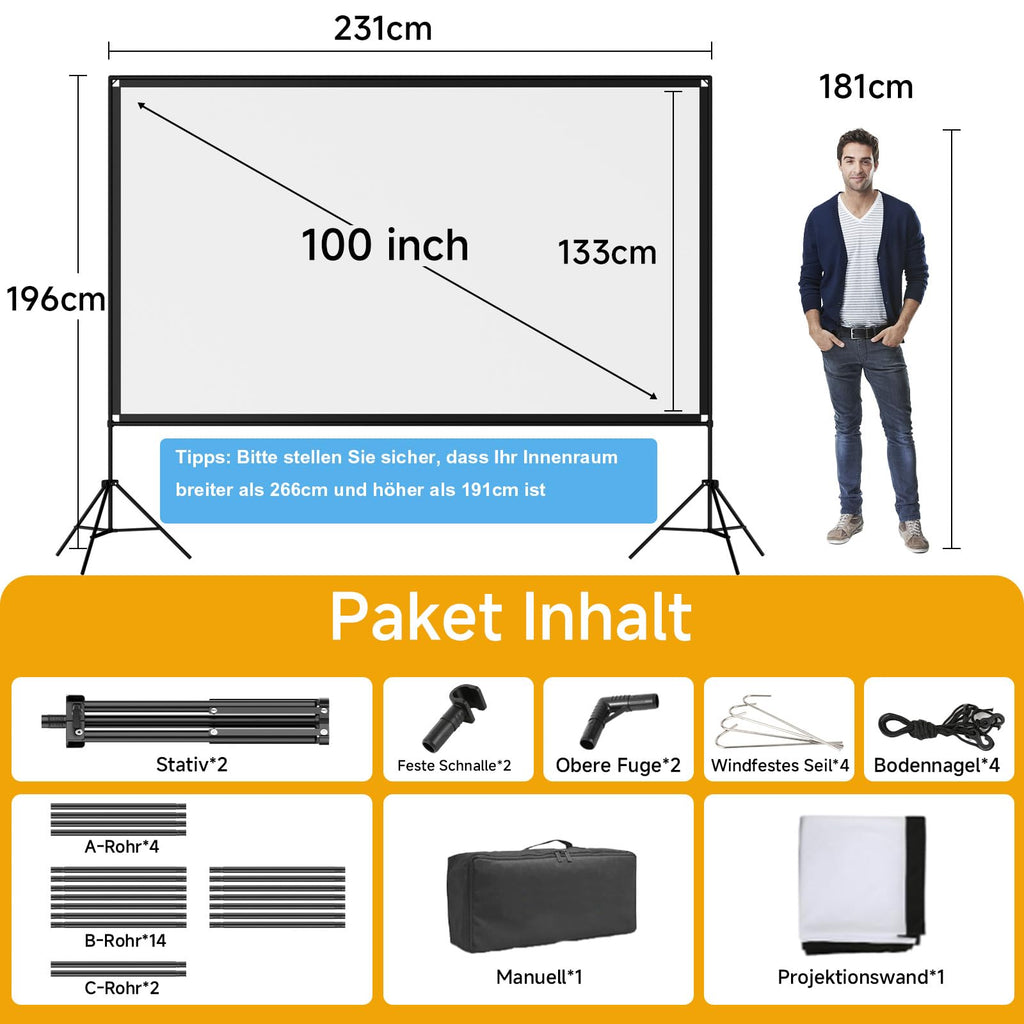 VISULAPEX 100” Beamer Leinwand mit Stativ, 16:9 4K HD Projektor Leinwand Tragbar, Faltbare leinwand Beamer mit Tragetasch für Heimkino Gartenkino Theater Nächte