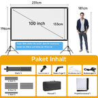 VISULAPEX 100” Beamer Leinwand mit Stativ, 16:9 4K HD Projektor Leinwand Tragbar, Faltbare leinwand Beamer mit Tragetasch für Heimkino Gartenkino Theater Nächte