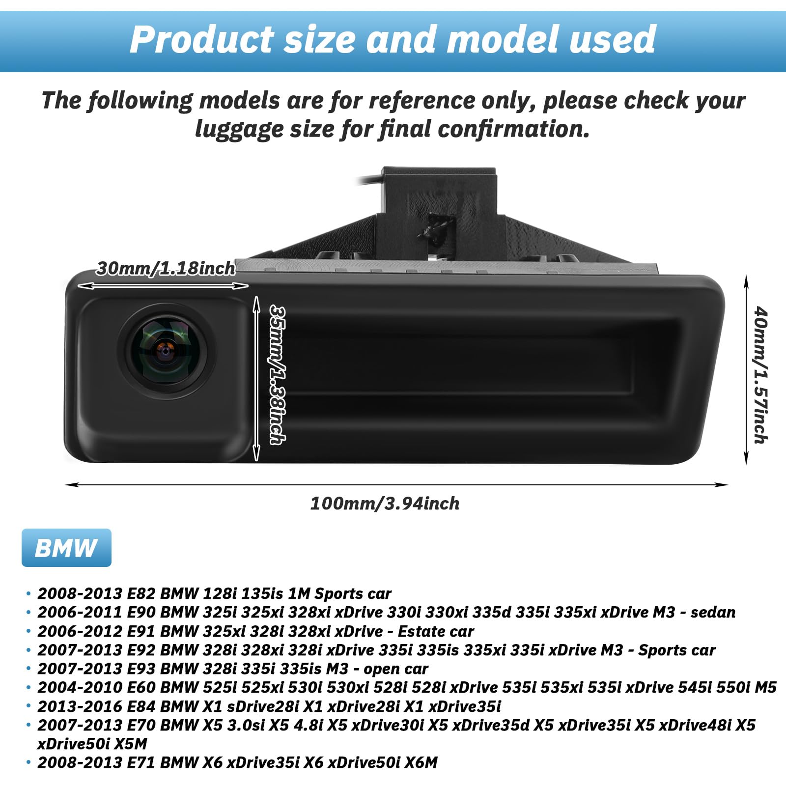 E61 E88 E91 Rückfahrkamera für BMW E90 E60 E70 E71 E72 E82 E84 E92 E93 X1 X5 170 Grad Weitwinkel Auto Nachtsicht Wasserdicht Rückfahrkamera im Koffergriff integriert