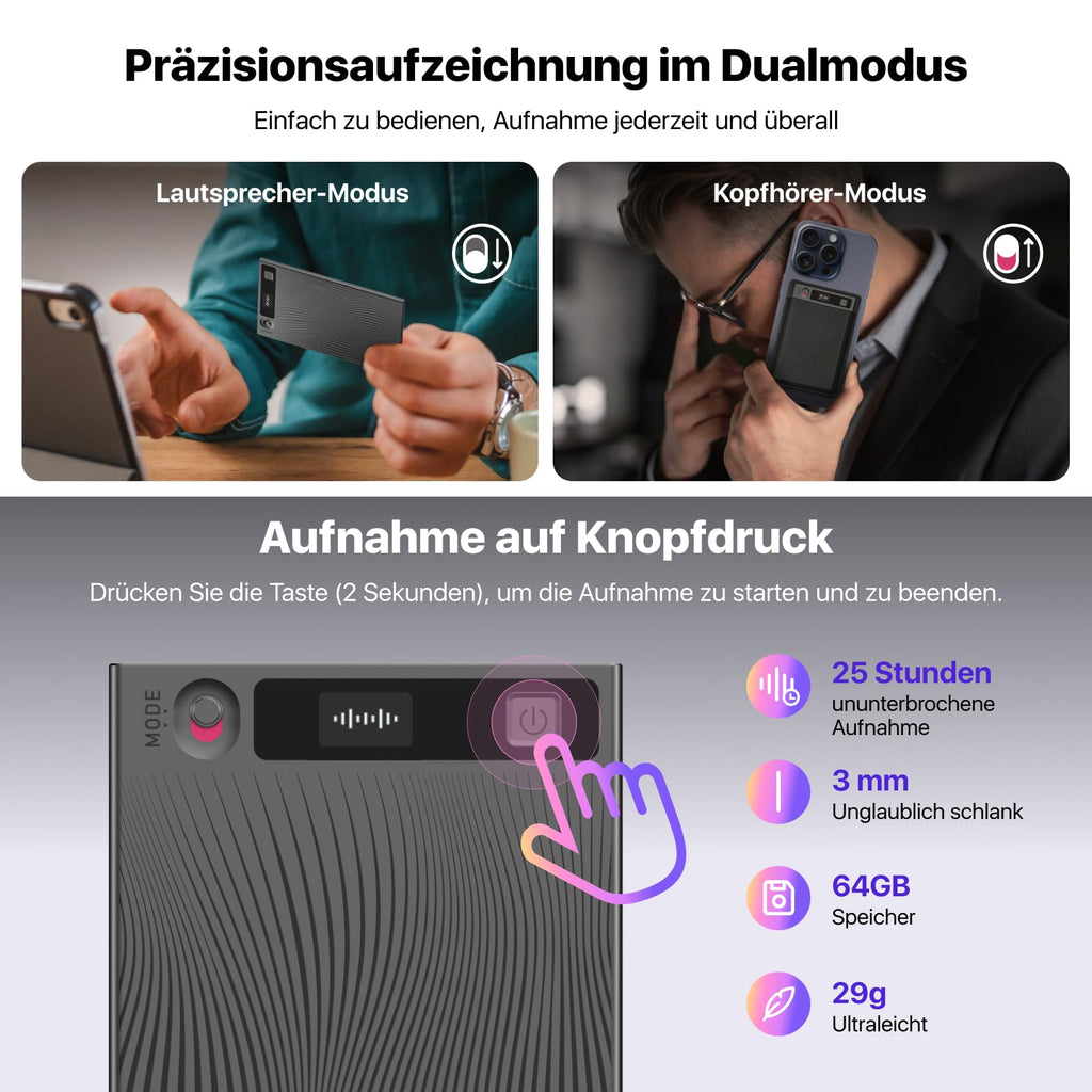 Mobvoi TicNote KI Digitales Diktiergerät, 64 GB Speicher, Notizrekorder mit Hülle, App-Steuerung, über 100 Sprachen, Transkribieren, Zusammenfassen mit AI Shadow,digitaler Audiorekorder Sprachrekorder