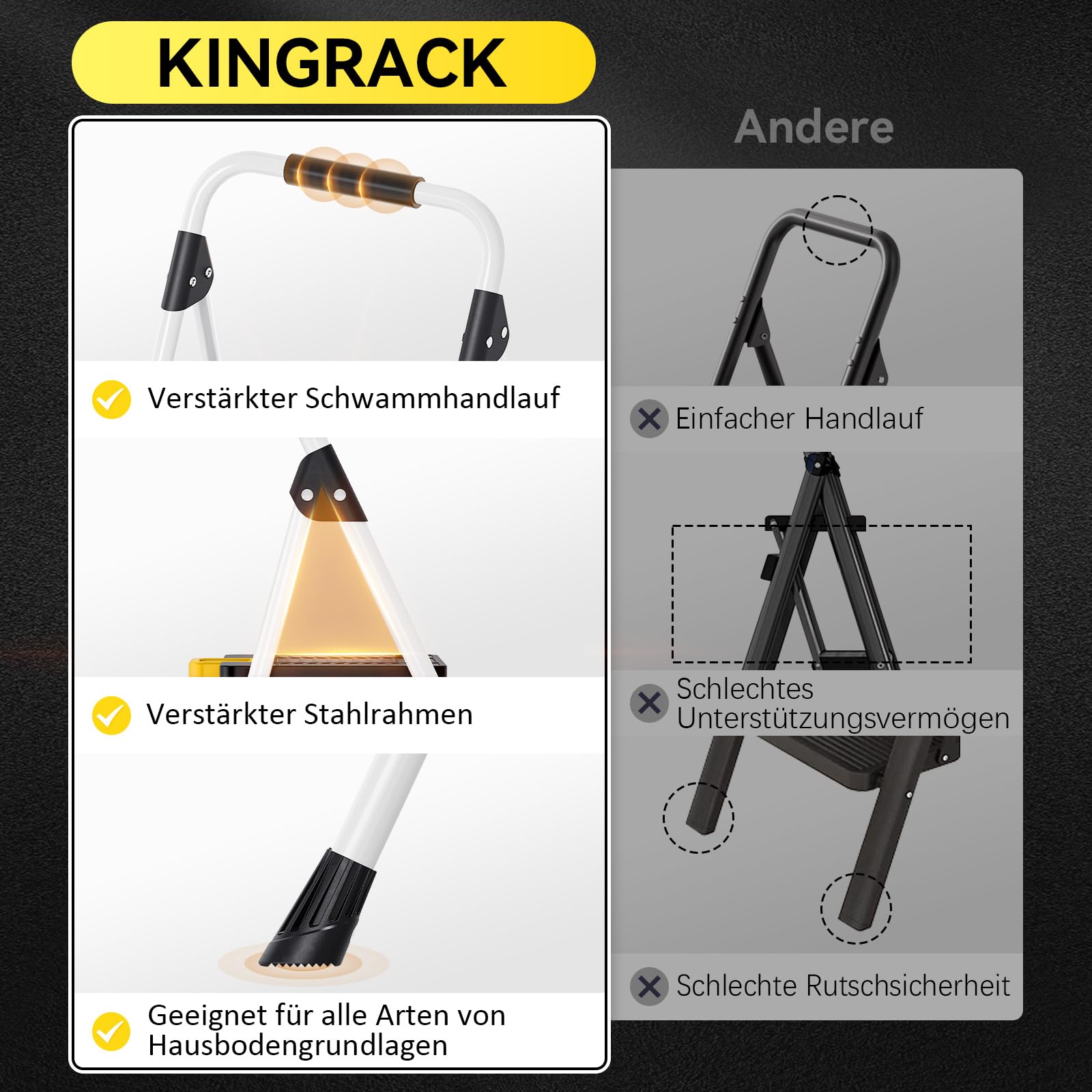 KINGRACK Trittleiter 4 Stufen, Klappleiterkapazität von 150 Kilogramm, Sicherheitsschloss, breite Antirutschpedale, Handläufe, Haushaltsleiter geeignet für Wohnküche und Büroschränke, weiß