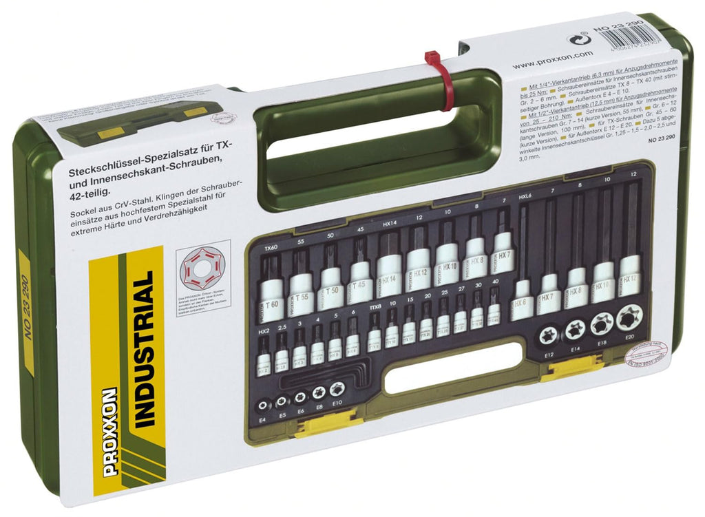 PROXXON Spezialsatz für TX- und Innensechskantschrauben, Für 1/4"-Vierkantantrieb und 1/2"-Vierkantantrieb, 42-teiliges Werkzeug-Set mit Kunststoffkoffer, 23290