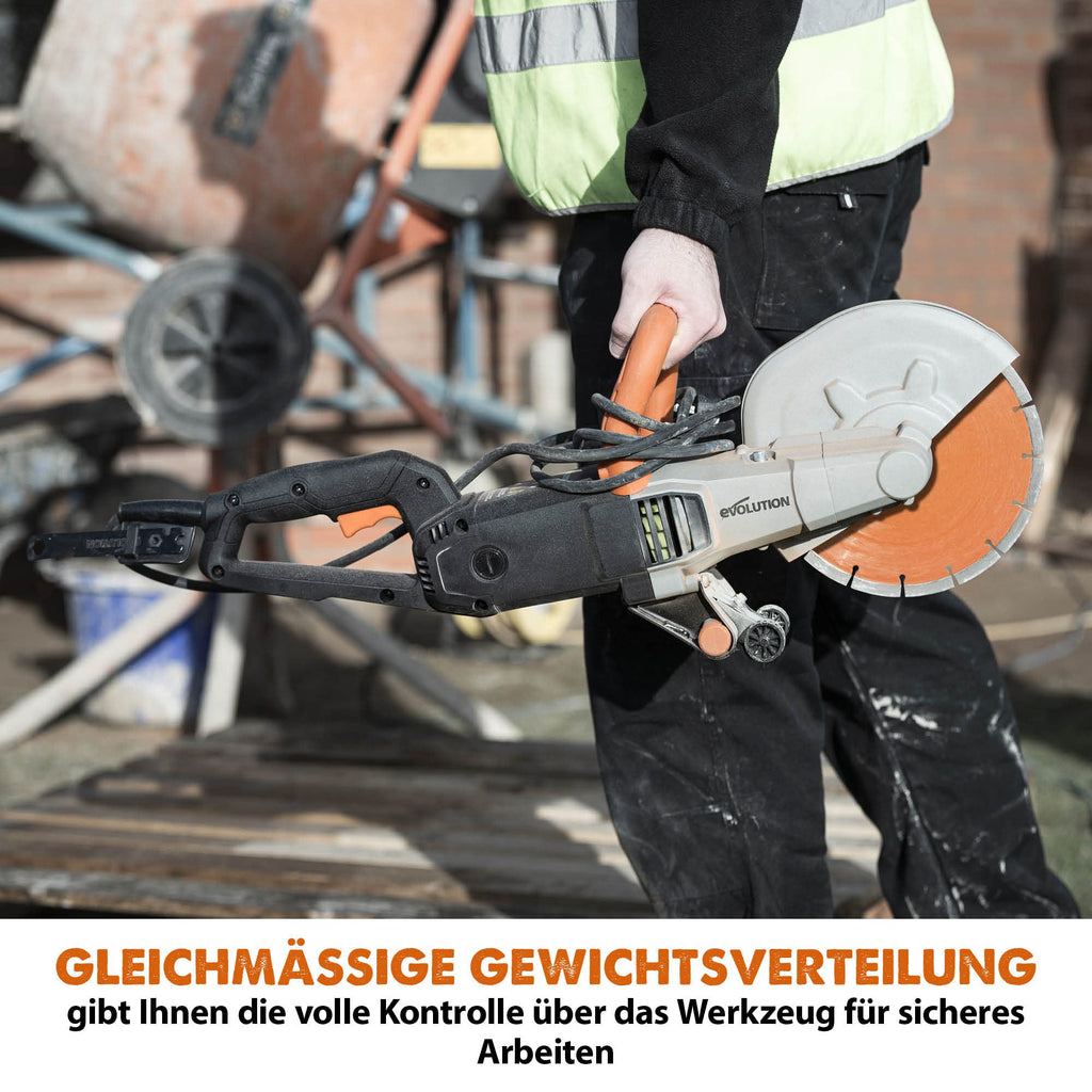 Evolution R255DCT Betonsäge Elektrische Steinsäge 2000W Steinschneidemaschine 255 mm Scheibendurchmesser Sägeblatt Premium Diamantblatt, 102.5 mm Schnitttiefe, schneidet Mauerwerk Gehwegplatten Beton