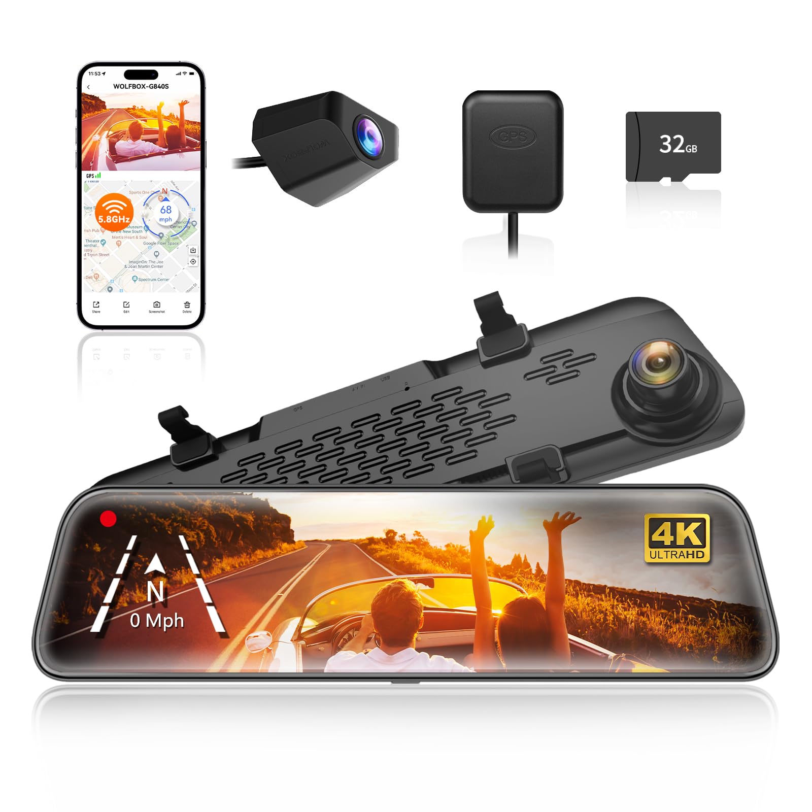 WOLFBOX 12" G840S 4K Spiegel Dashcam mit Rückfahrkamera, 5.8GHz WiFi Auto Kamera mit IPS-Touchscreen Dual Dash Cam Spiegel, Loop-Aufnahme und G-Sensor, Parküberwachung, GPS, kostenlose 32 GB-Karte