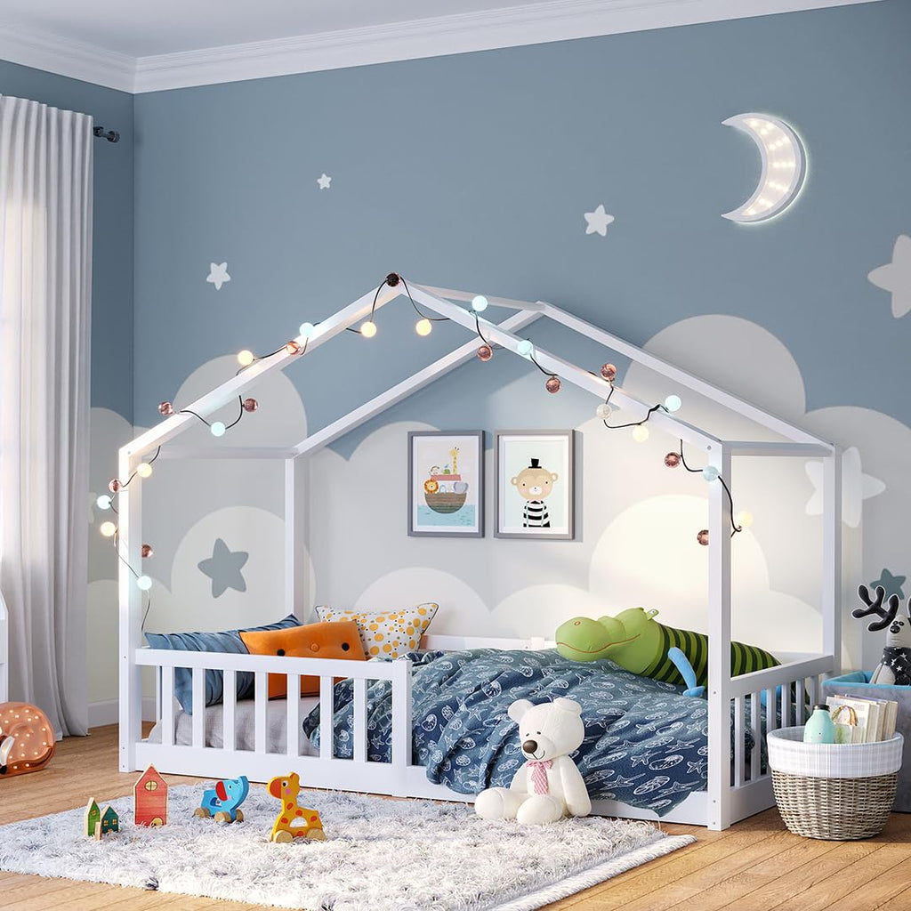 Bellabino Bia Kinderbett 90x200 cm – Bodenbett mit Rausfallschutz & Lattenrost – Hausbett aus Massivholz Kiefer – Montessori Kinder Bett in Weiß für Jungen und Mädchen