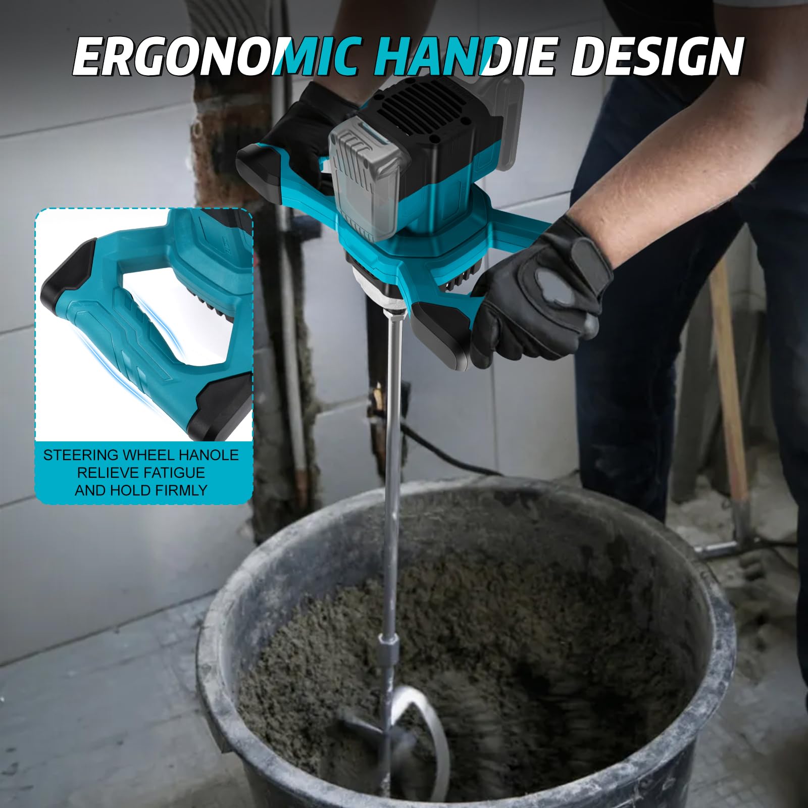 Akku Farbmörtelrührer Kompatibel mit Makita 18V Batterie, 3200W Rührwerk Mörtelrührer Zementrührer mit 2x2600mAh Akkus, 6-Gang, Brushless Farb-Mörtelrührer für Zement, Beton und Farbe