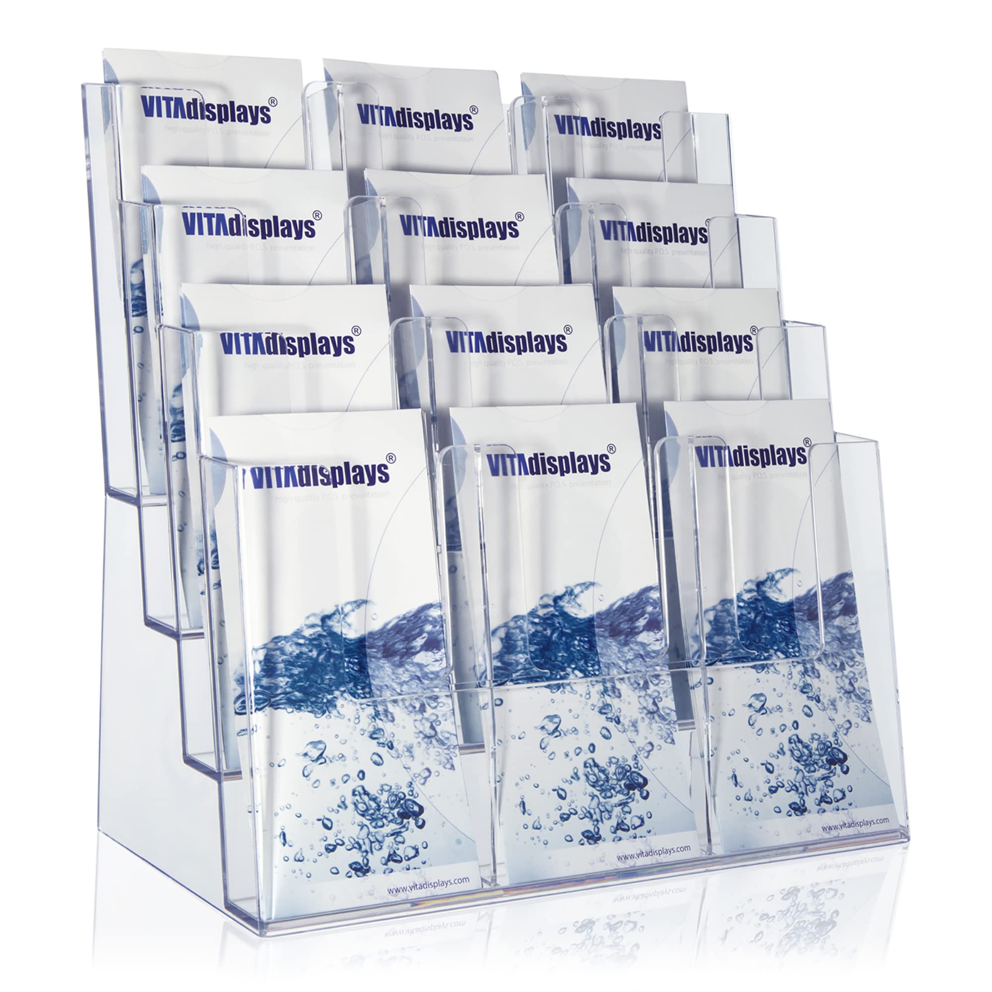 Taymar Prospektständer Tribüne für DIN A4, A5, DIN lang, DL, A6 Flyer, flexibler, transparenter Tischprospektständer als standfester Aufsteller, Flyerständer mit 4 Etagen, optional als Wand-Prospekthalter