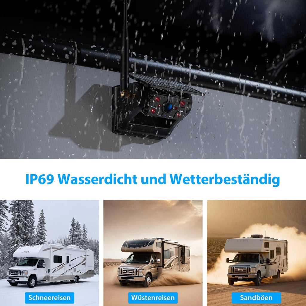 Rückfahrkamera Kabellos Dual Solar Magnetische Rückfahrkamera: 7“ 1080P Touchscreen IPS-Monitor, 12000mAh Akku, 1 Min Einrichtung, IP69K Wasserdicht Rückfahrkameras für Wohnmobile,Anhänger und LKWs