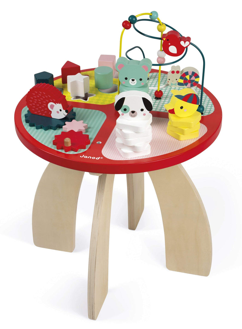 Janod Wooden Activity Table ‘Baby Forest’ - Large Early Learning Centre for Stacking, Dexterity with Maze, Cubes, Gear System and 3 Wooden Animals - From 1 Year Old, J08018
