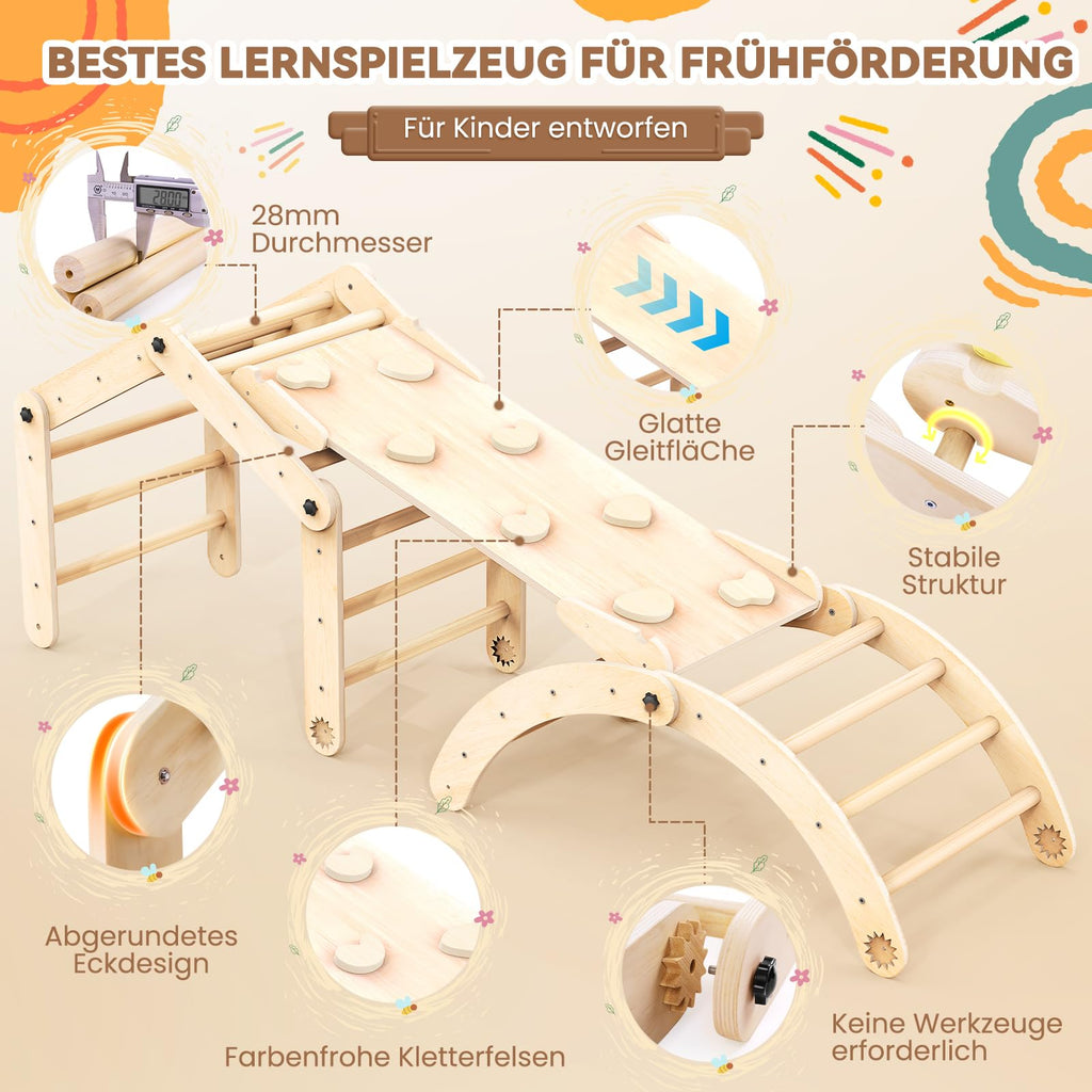7-in-1 Montessori Klettergerüst Indoor Set: Verformbares Kletterdreieck mit Rutsche, Kletterbogen und Kreidetafel, Ideal für Baby- und Kleinkinder 1-6 Jahre, Fördert Spiel, Bewegung und Kreativität