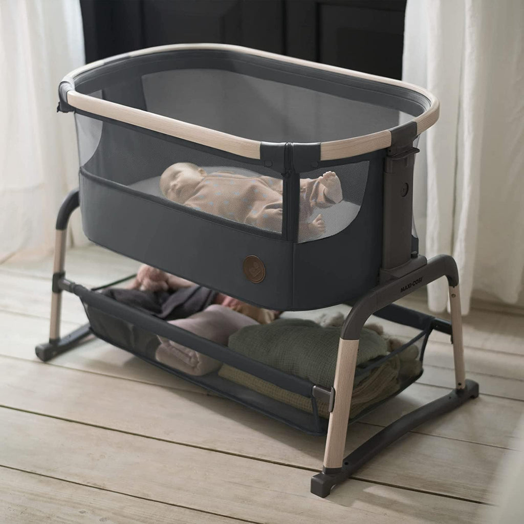 Maxi-Cosi Iora Air Beistellbett Baby, Co-Sleeper mit Allround-Netzgewebe, 0–6 Monate (9 kg), Schaukelmodus,5 Höhenstufen, Leichtes Schieben, Leicht zu Tragen, 2 Räder, Beyond Grey