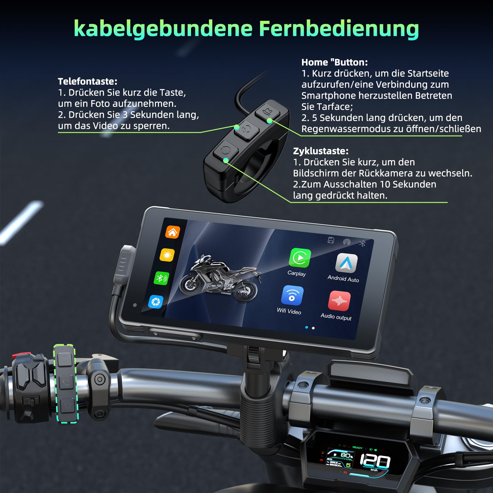 Lamto Motorrad Carplay & Android Auto für Motorcycle,Tragbares Carplay Bildschirm mit Dashcam Vorne Hinten 2K+1080P,5,5 Zoll IP67 Wasserdichter Touchscreen für Motorräder,Daueraufnahme/Siri/64G TF